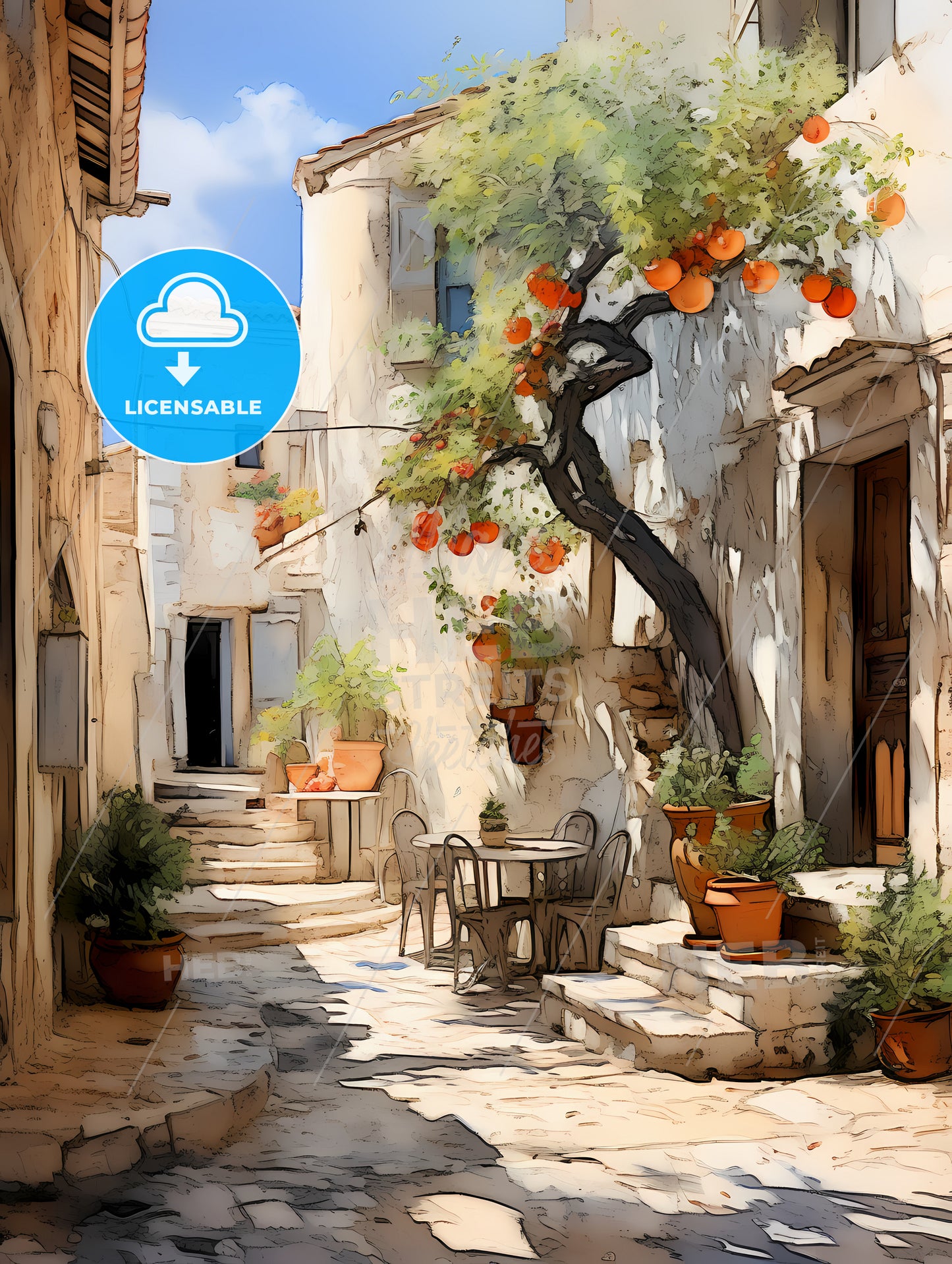 Courtyard With A Tree And Chairs