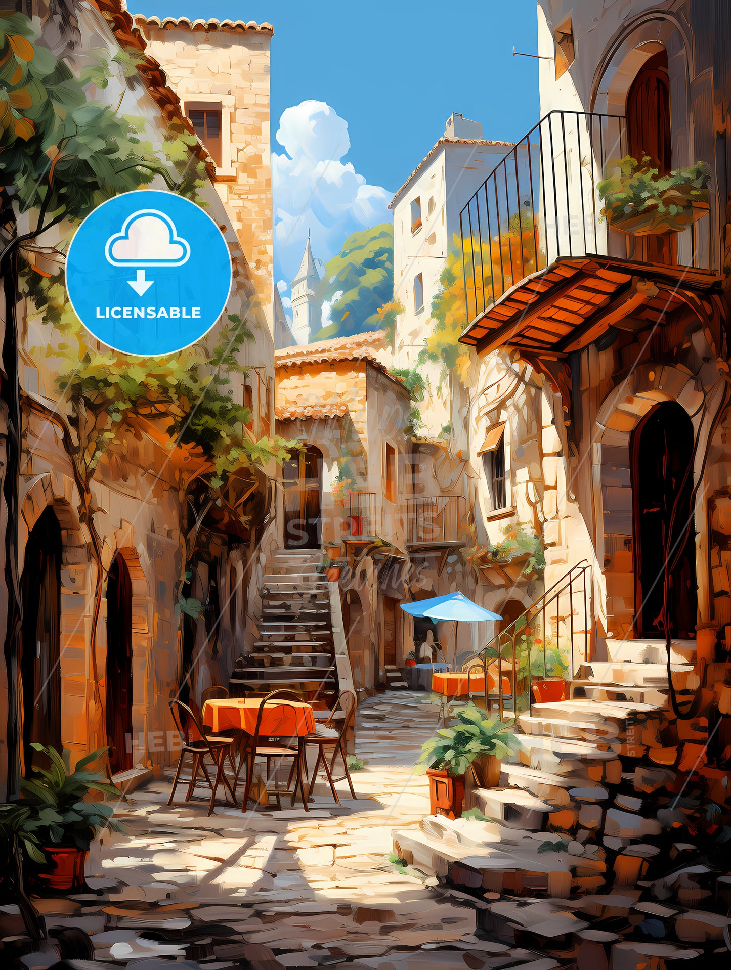 Courtyard With Tables And Chairs And Stairs