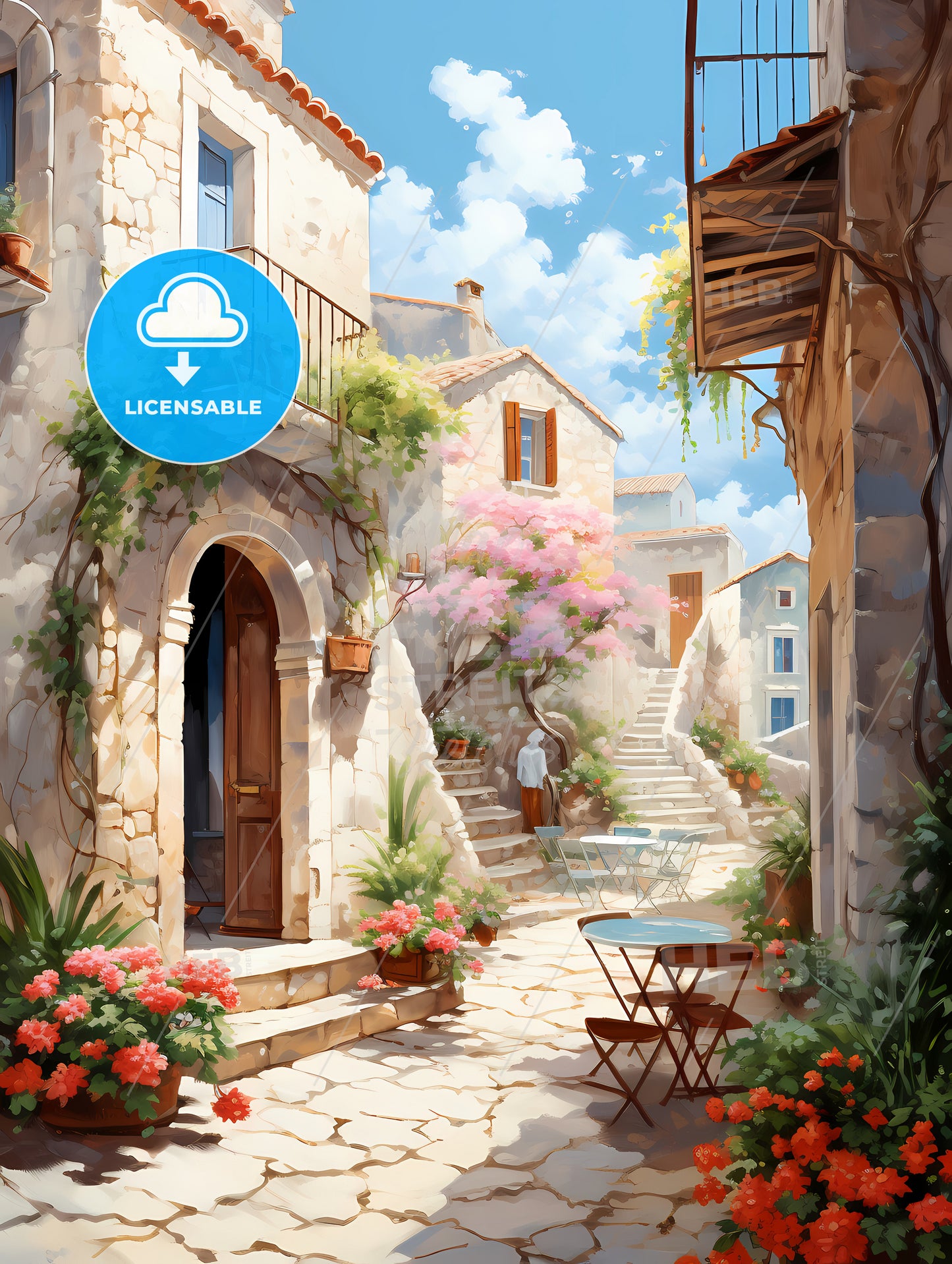 Painting Of A Courtyard With A Table And Chairs