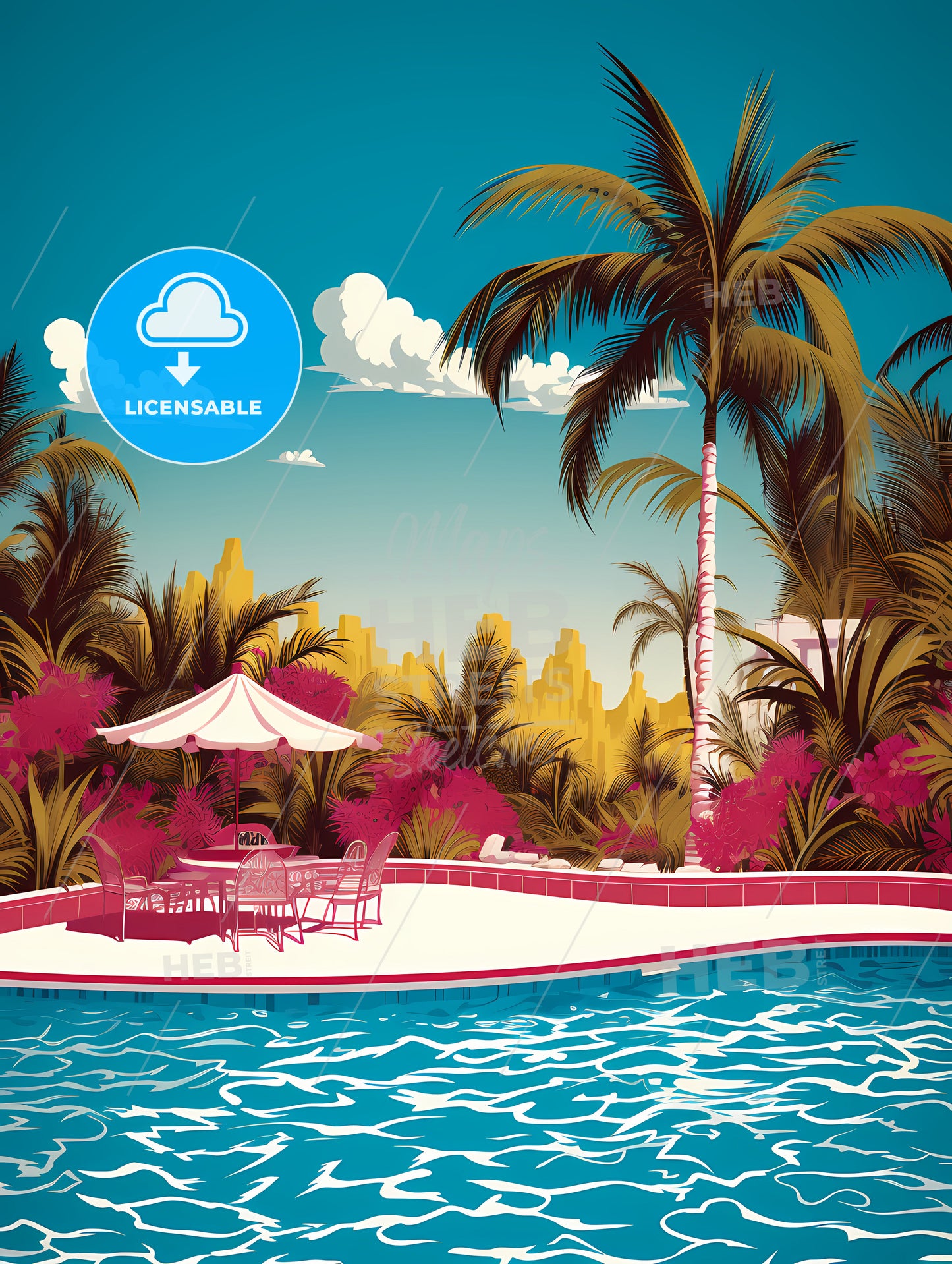 Pool With Tables And Chairs And Palm Trees