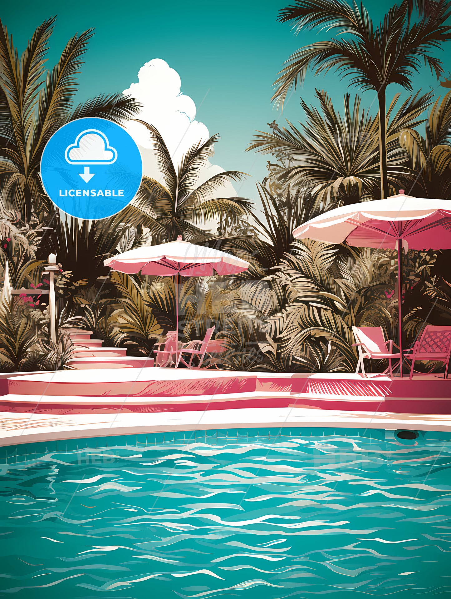 Pool With Pink Chairs And Umbrellas
