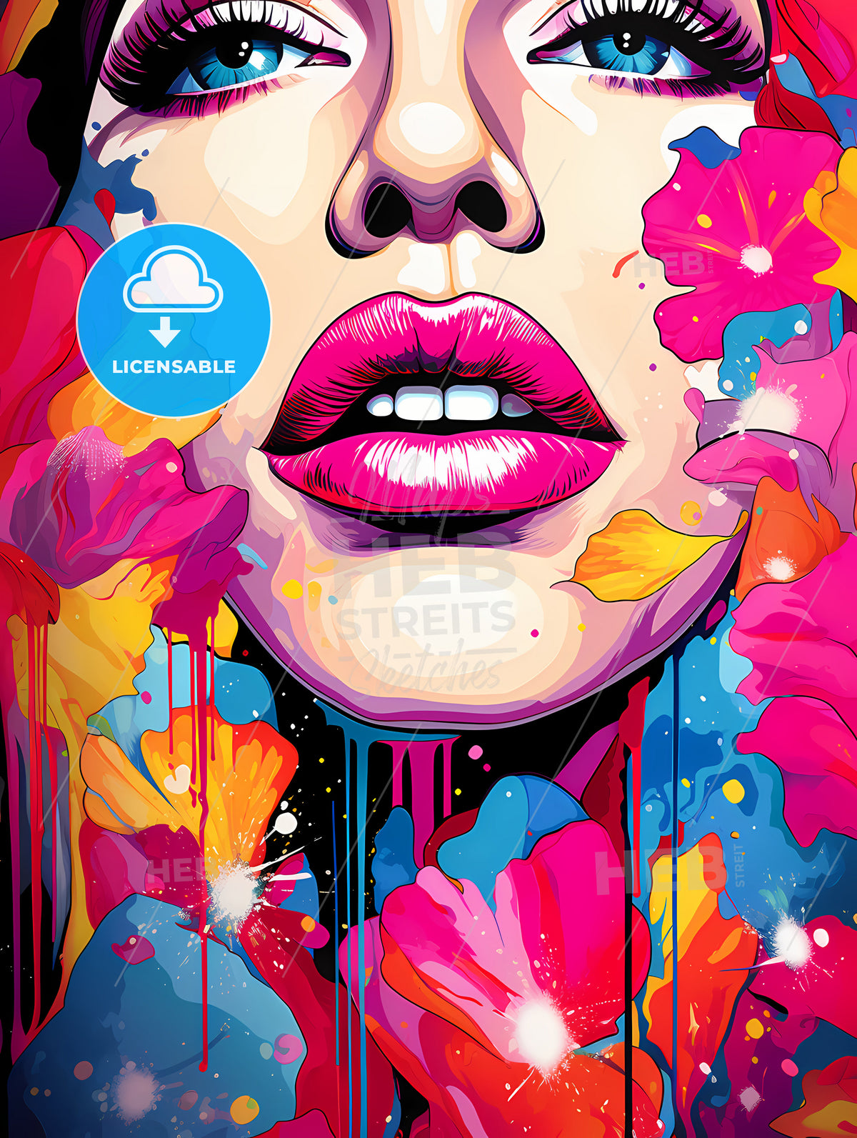 Womans Face With Pink Lips And Colorful Flowers