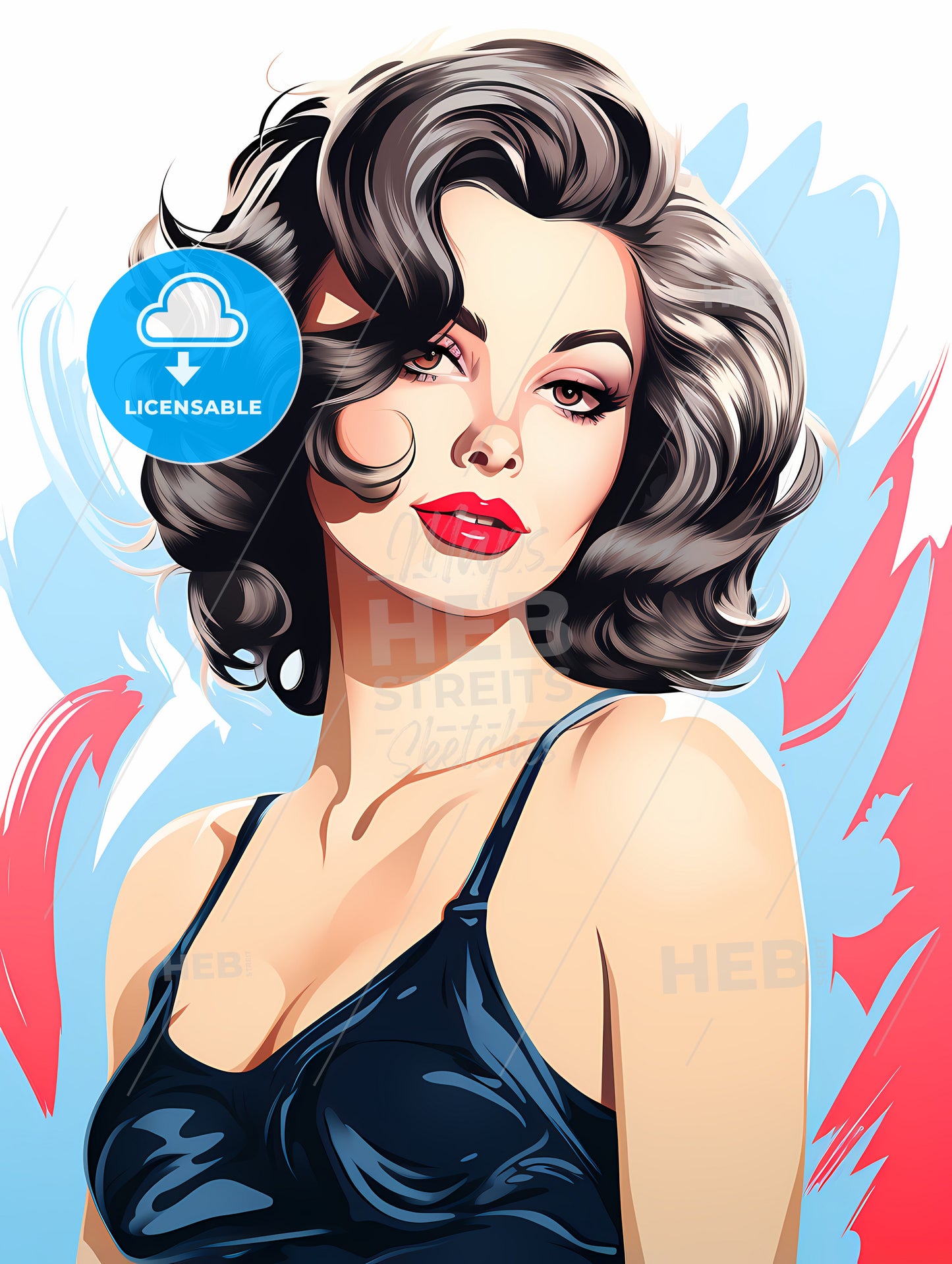 Woman With Curly Hair And Red Lips