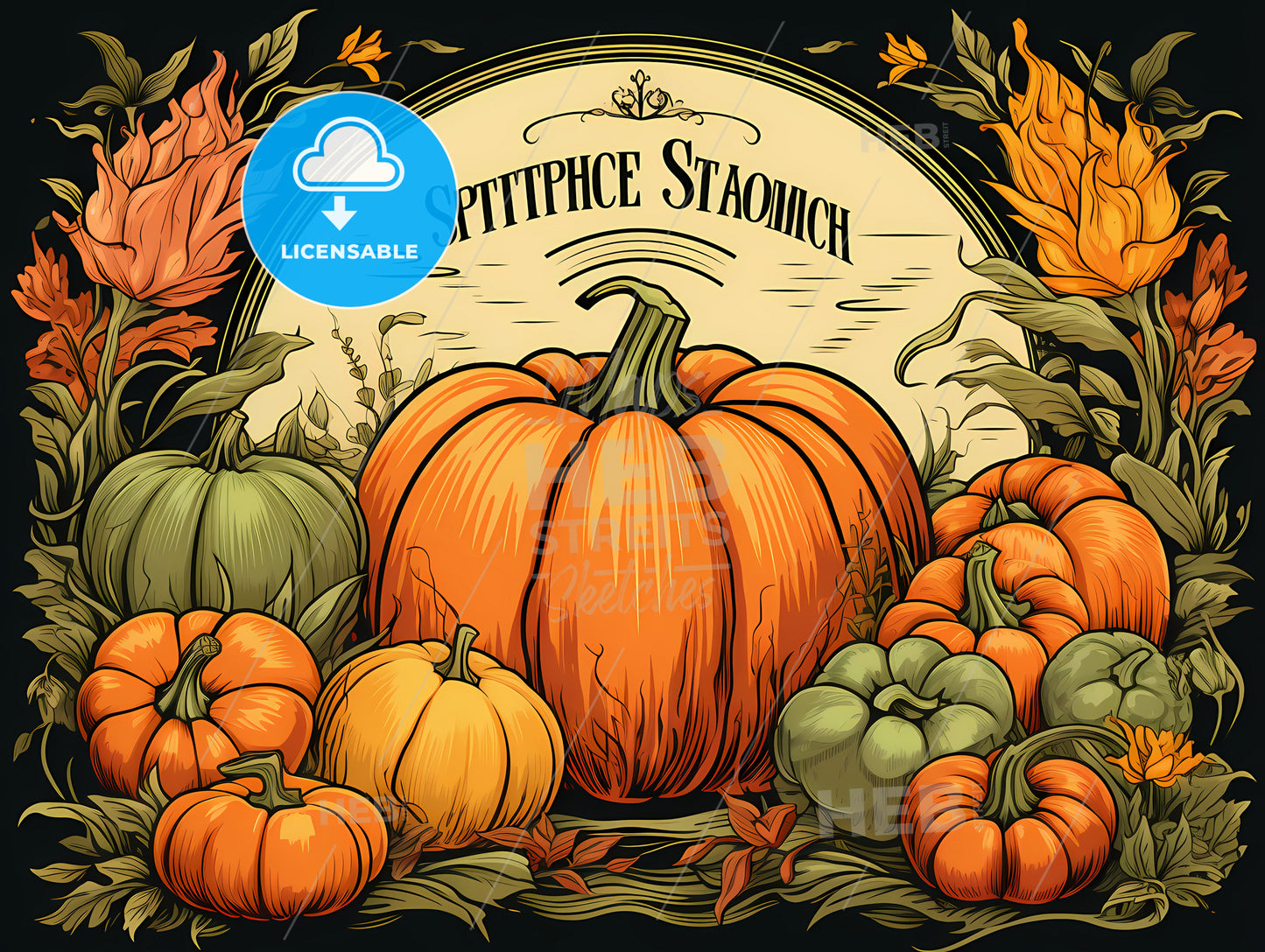 Group Of Pumpkins And Leaves