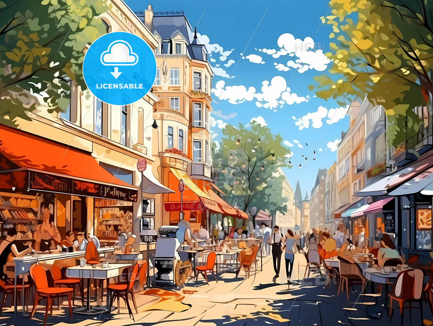 Street With Tables And Chairs And People In The Street