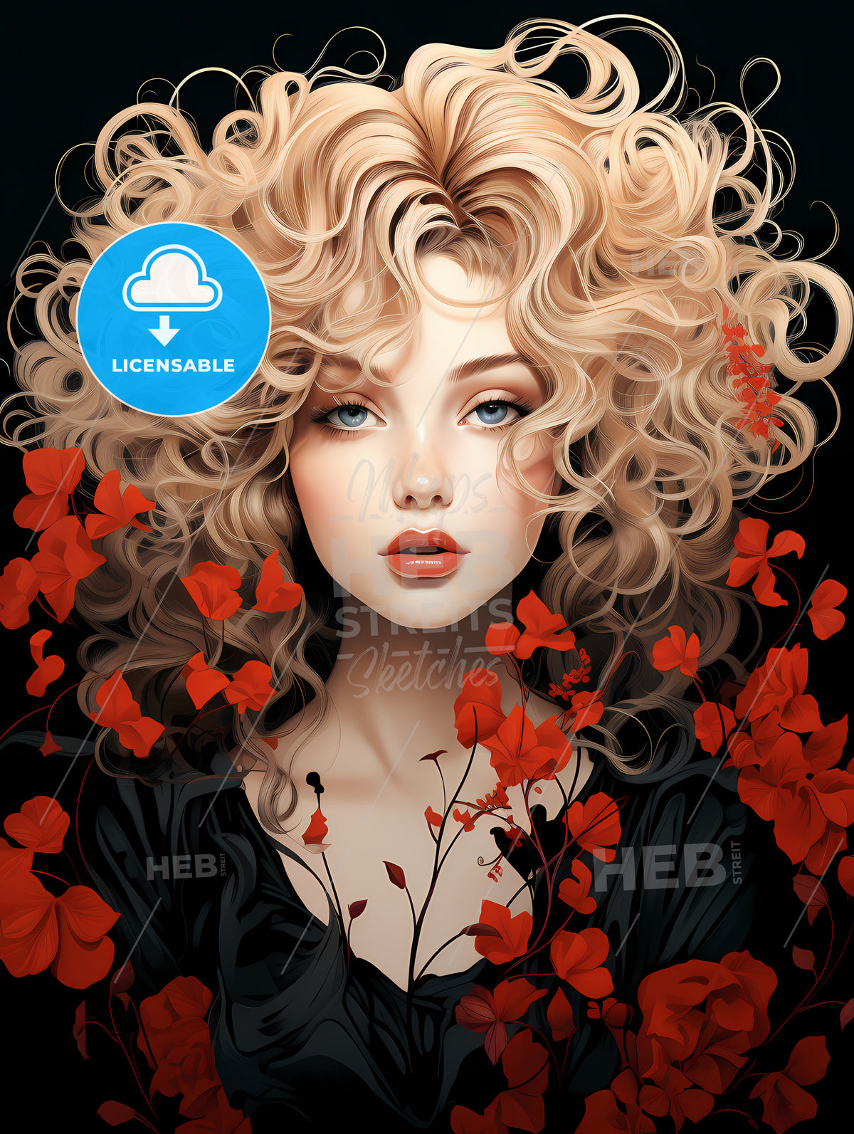 Woman With Blonde Hair And Red Flowers