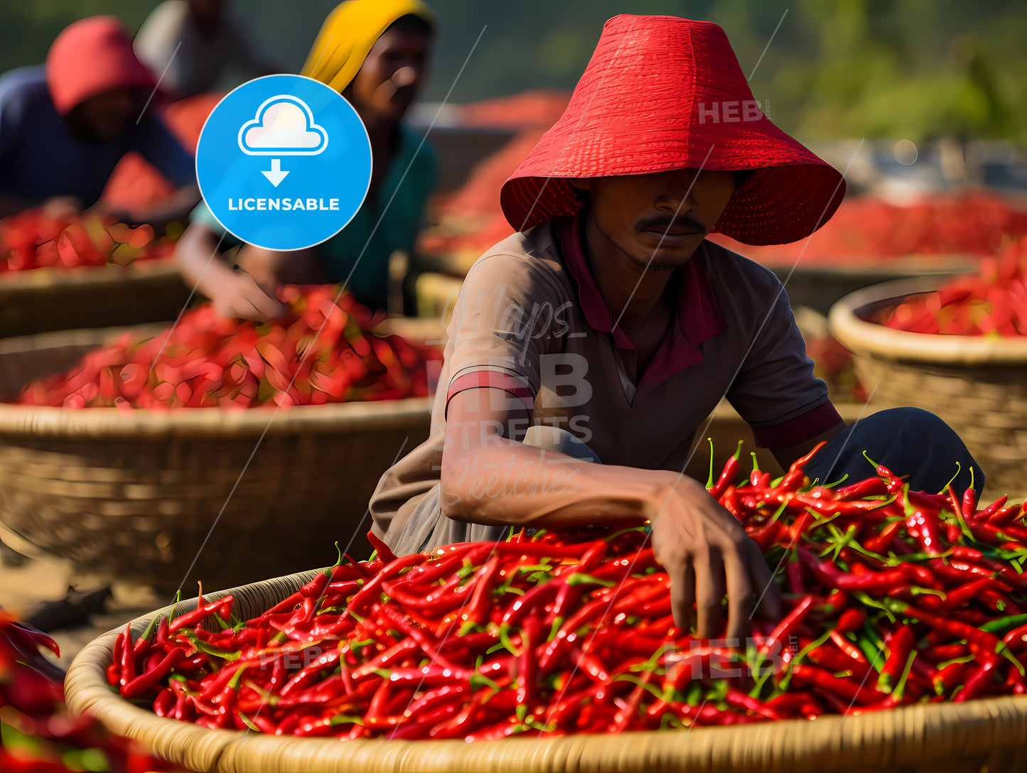 Man Wearing A Red Hat And Sitting In A Large Basket Of Red Peppers