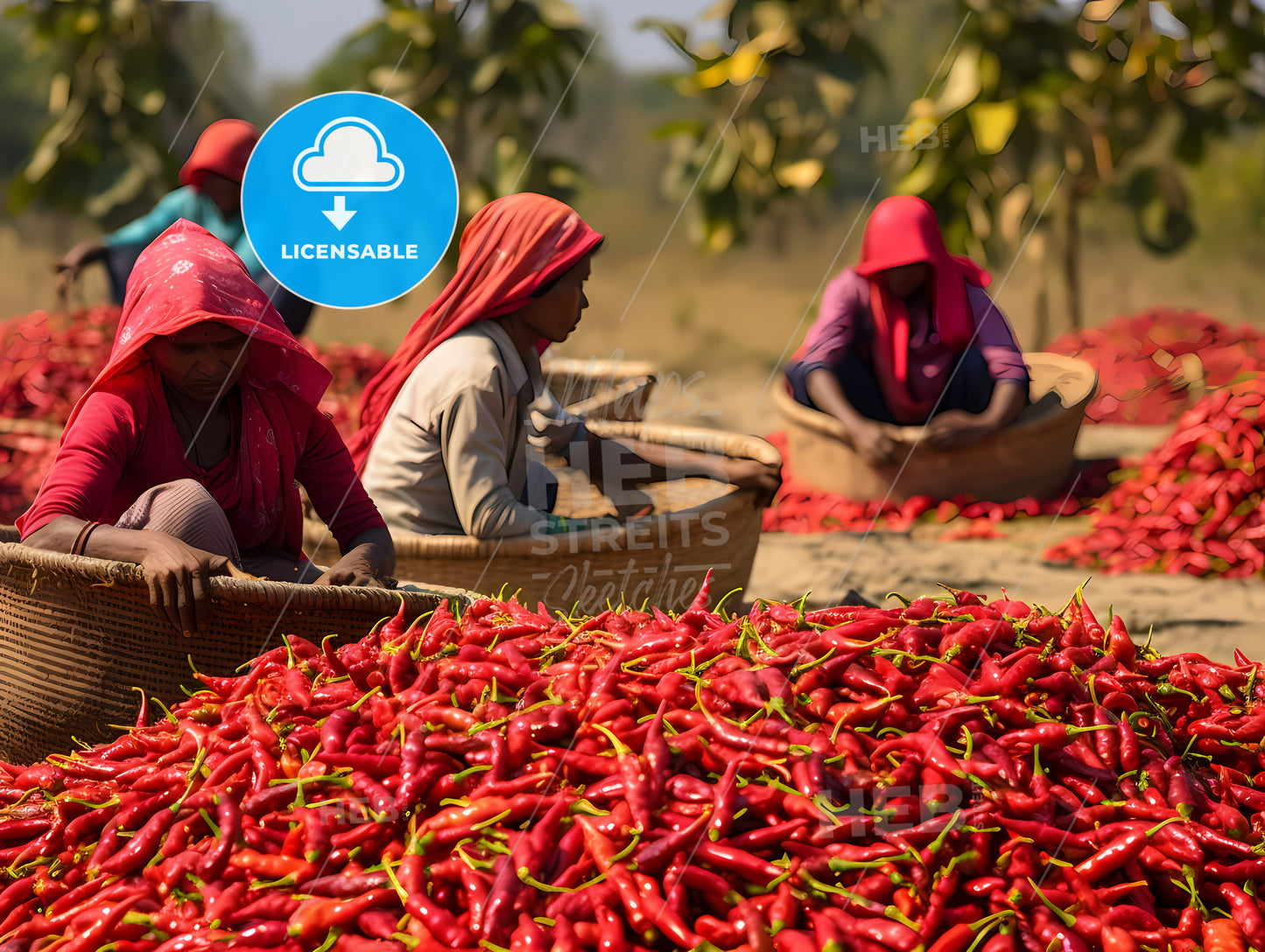 Group Of Women In Baskets With Red Peppers