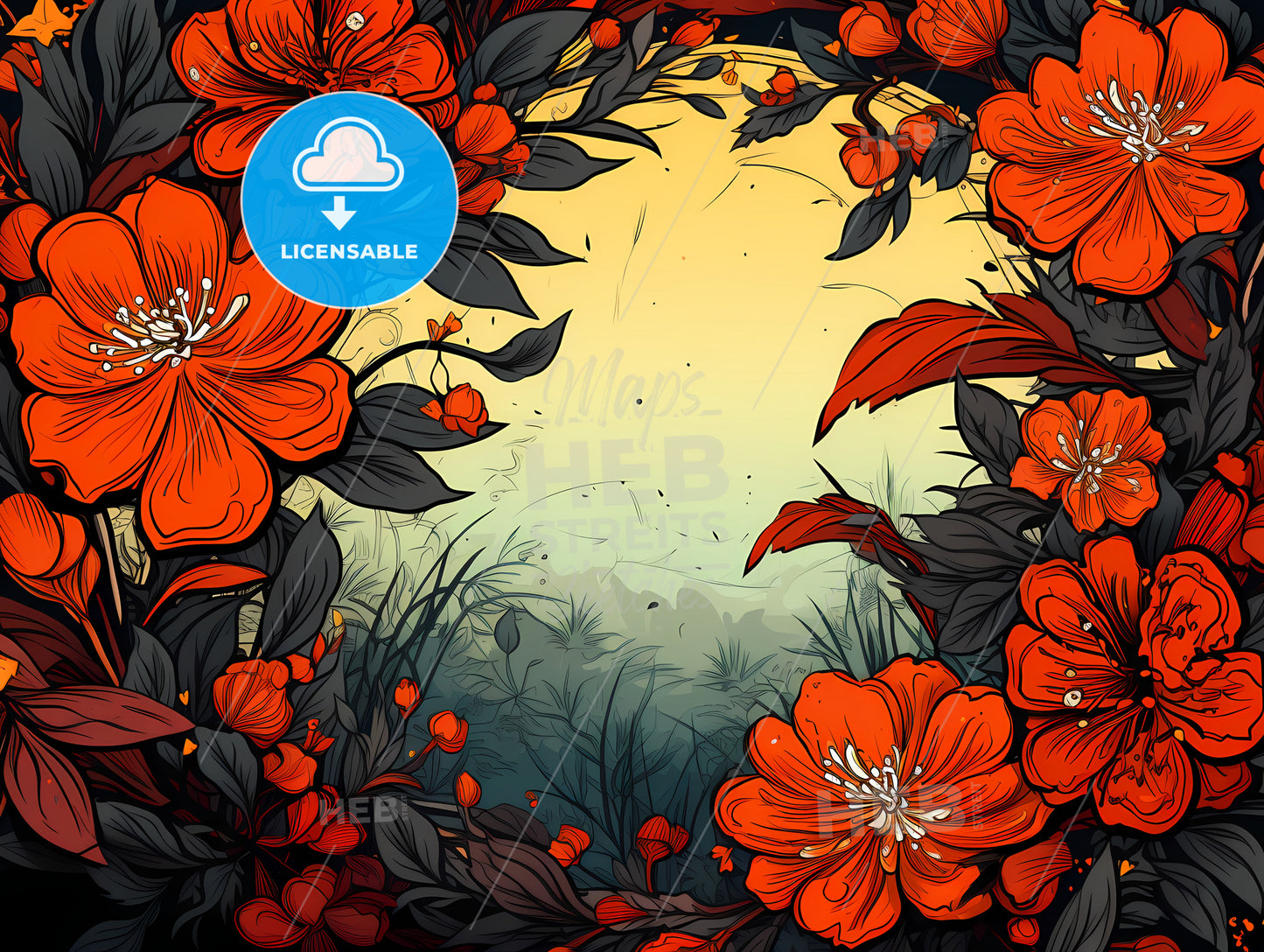 Drawing Of Orange Flowers And Black Leaves