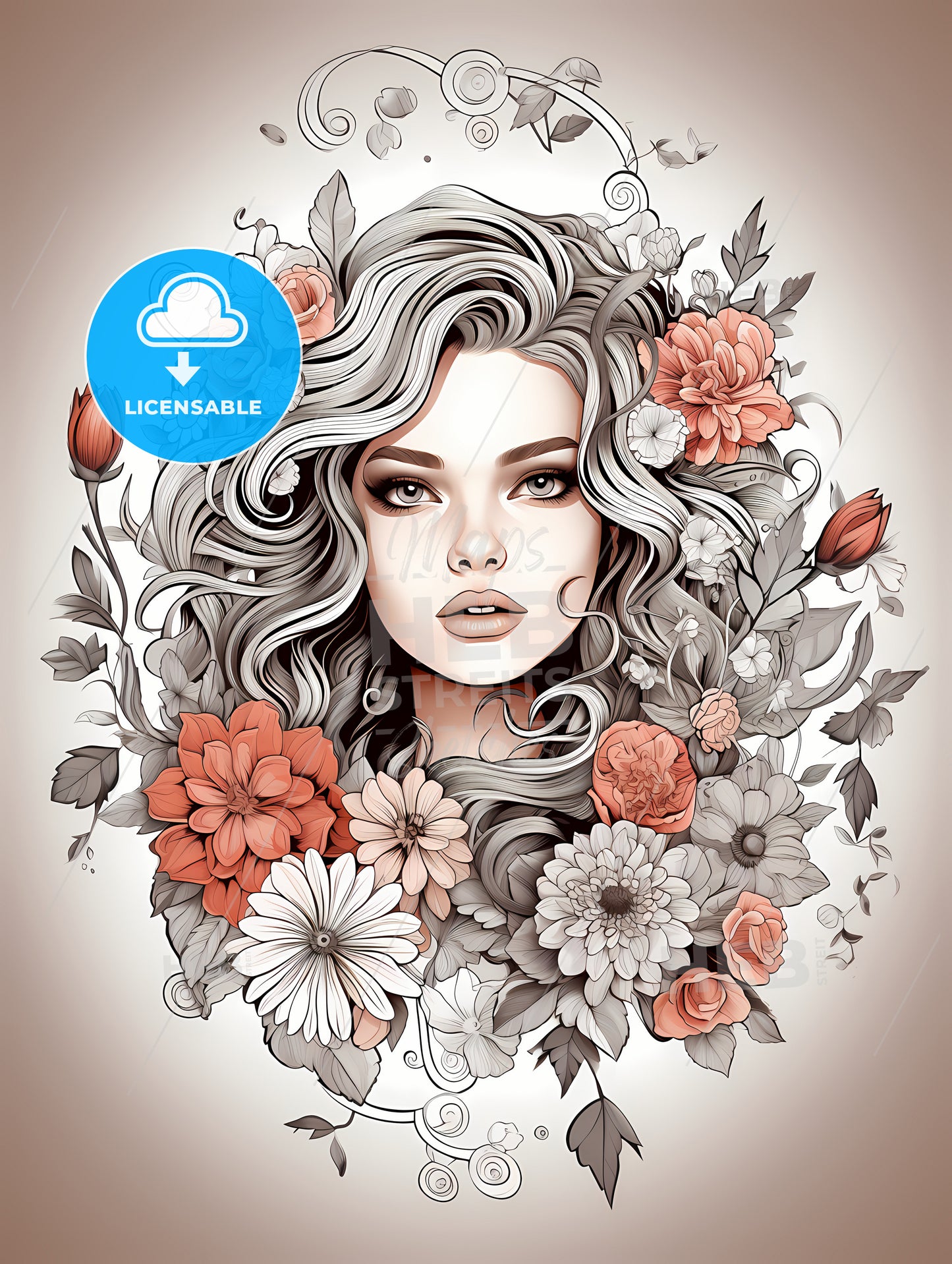 Woman With Long Hair Surrounded By Flowers