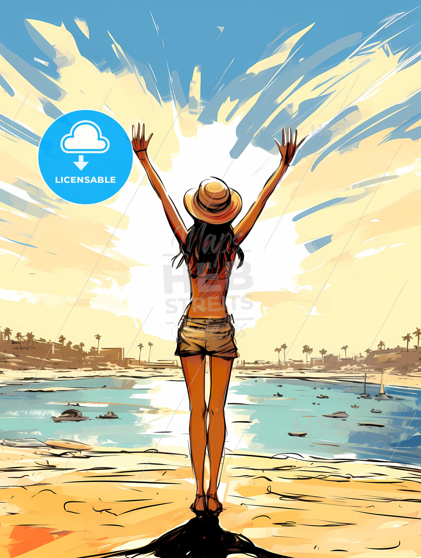 Woman Standing On A Beach With Her Arms Up