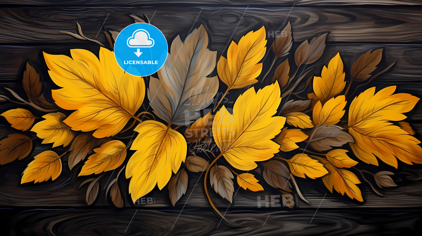 Group Of Yellow And Brown Leaves On A Wood Surface