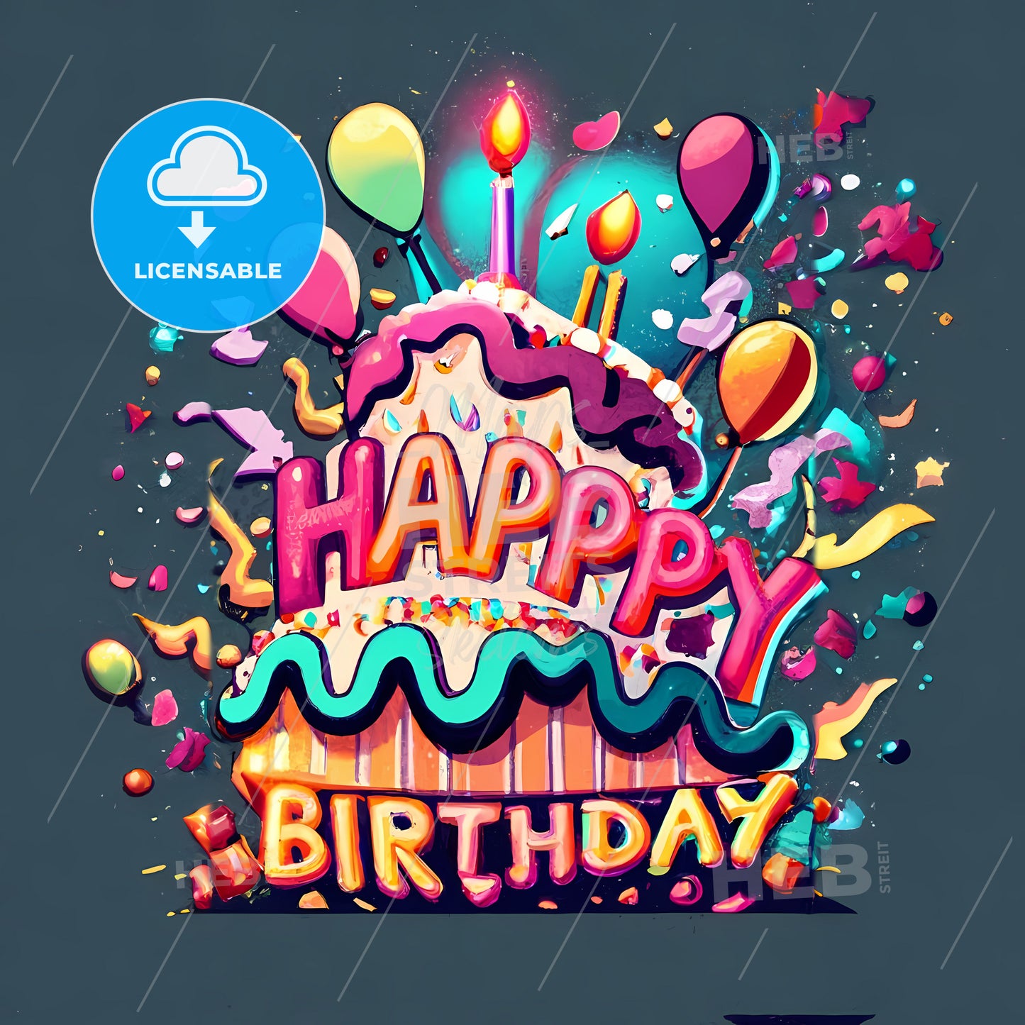 Happy Birthday - A Birthday Cake With Balloons And Confetti