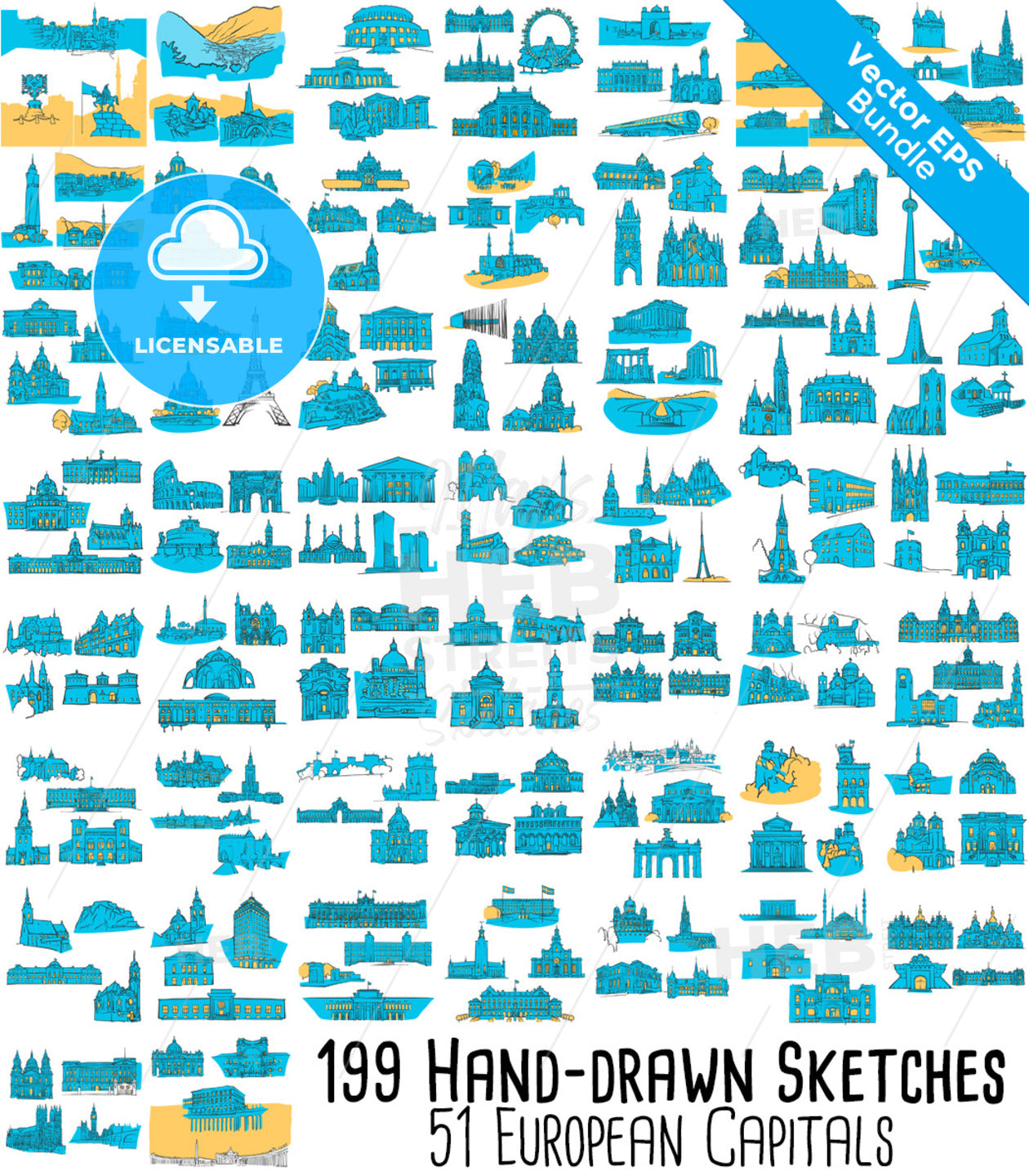 51 European Capitals, 199 Historical colored Landmarks Bundle