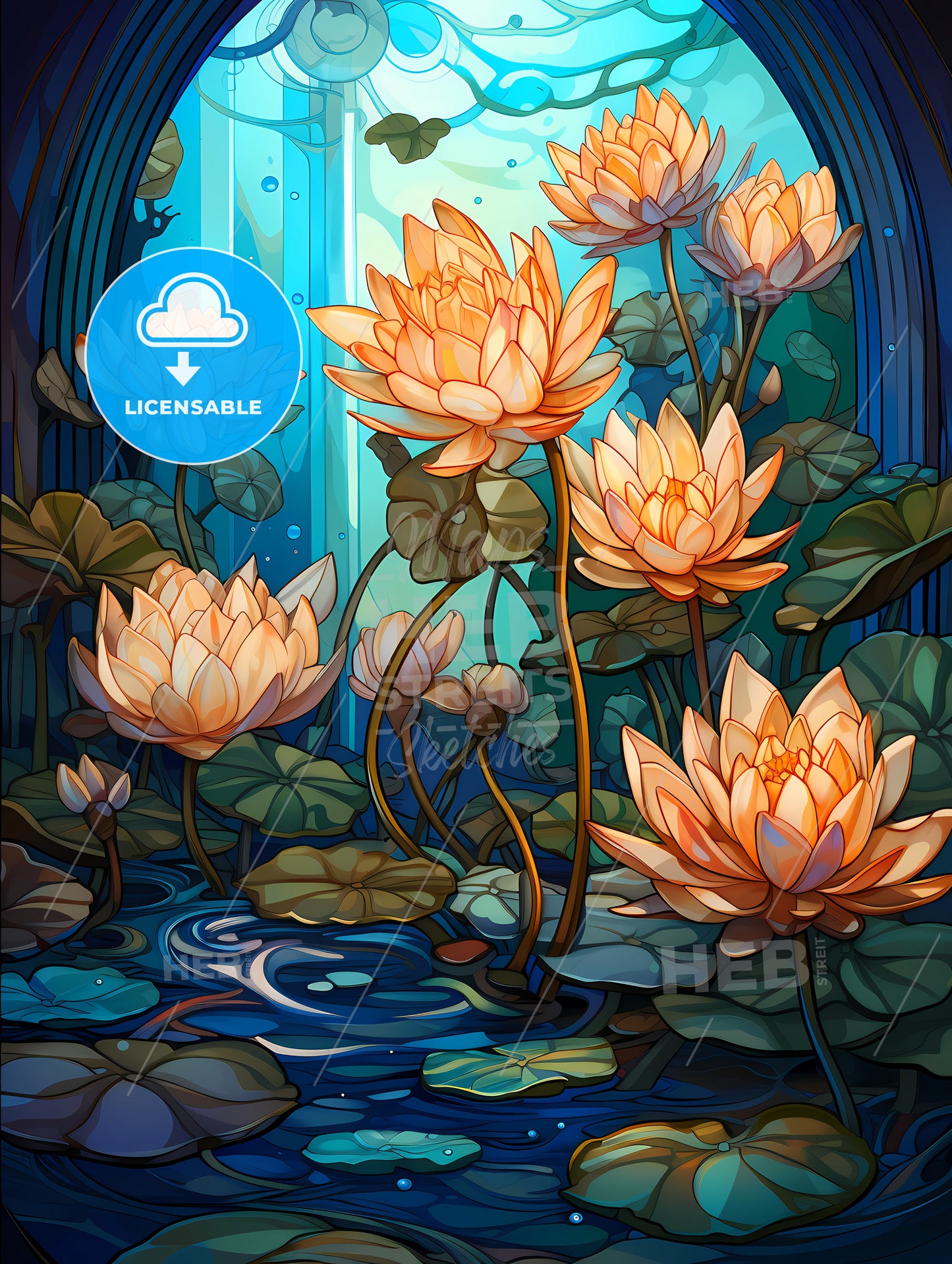 Art Noveau. Waterlilies Stained Glass