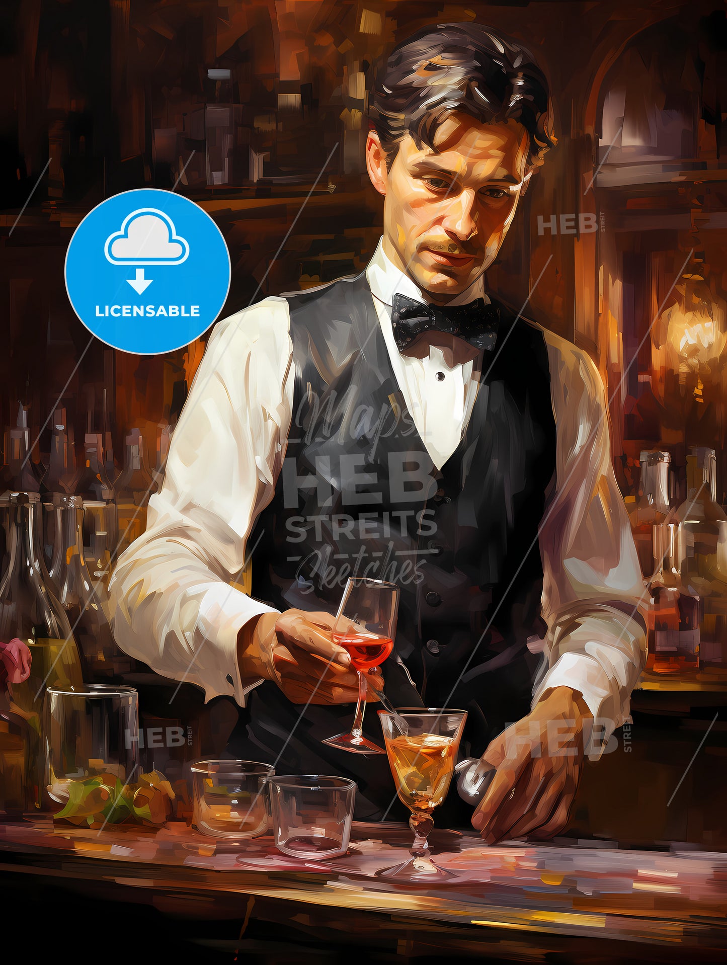 Bartender in formal dress is serving cocktail drinks
