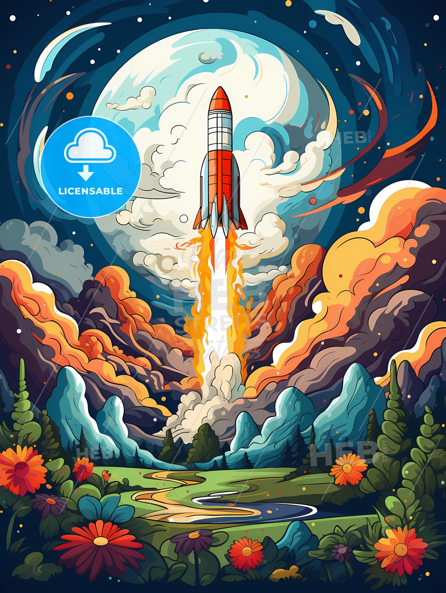 Cartoon flat design rocket ship