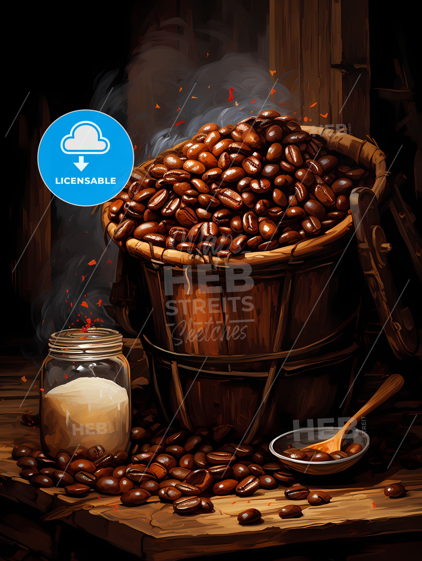 Closeup of coffee beans with scoop in mood lighting