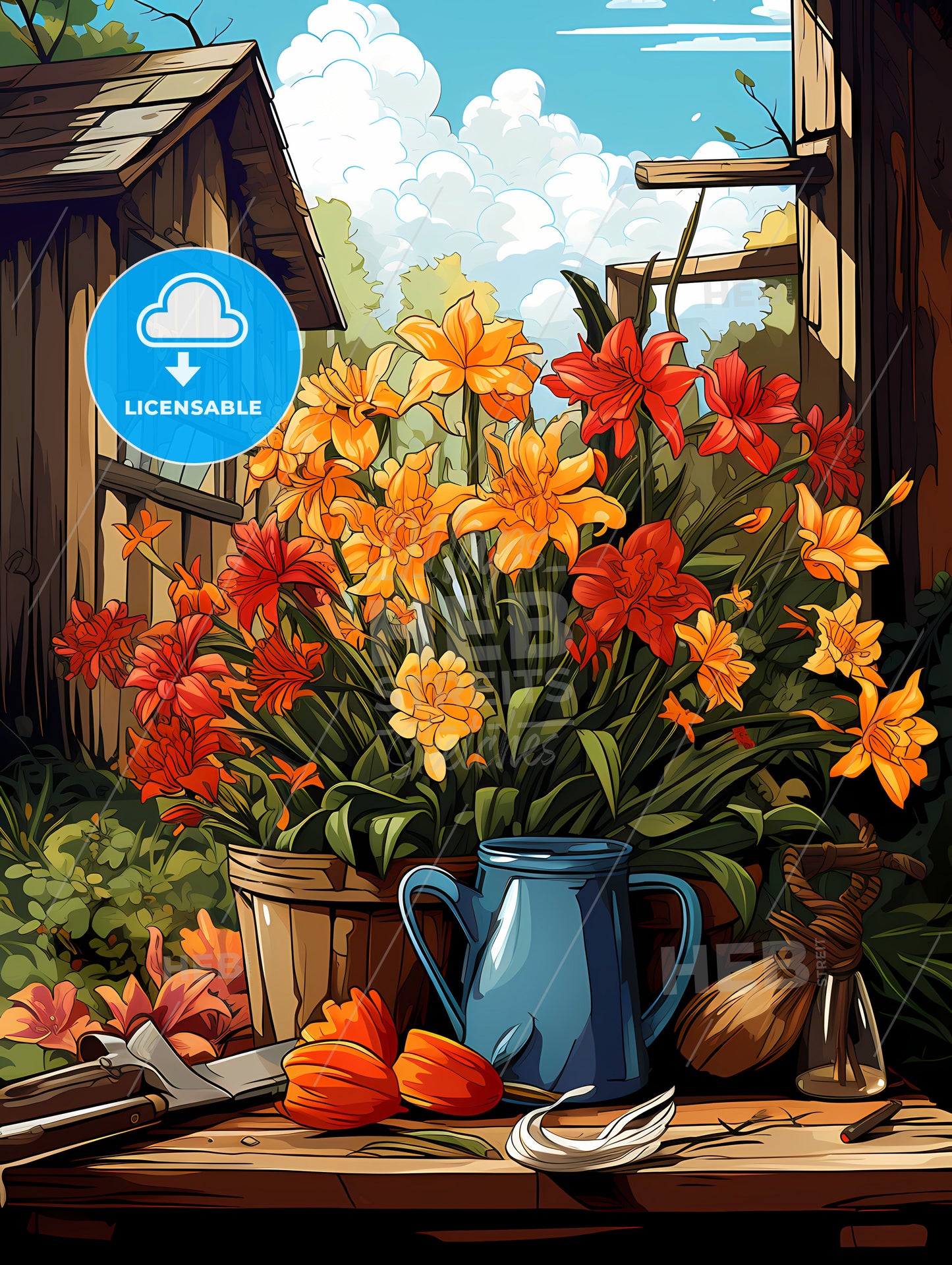 Gardening tools and plants on land