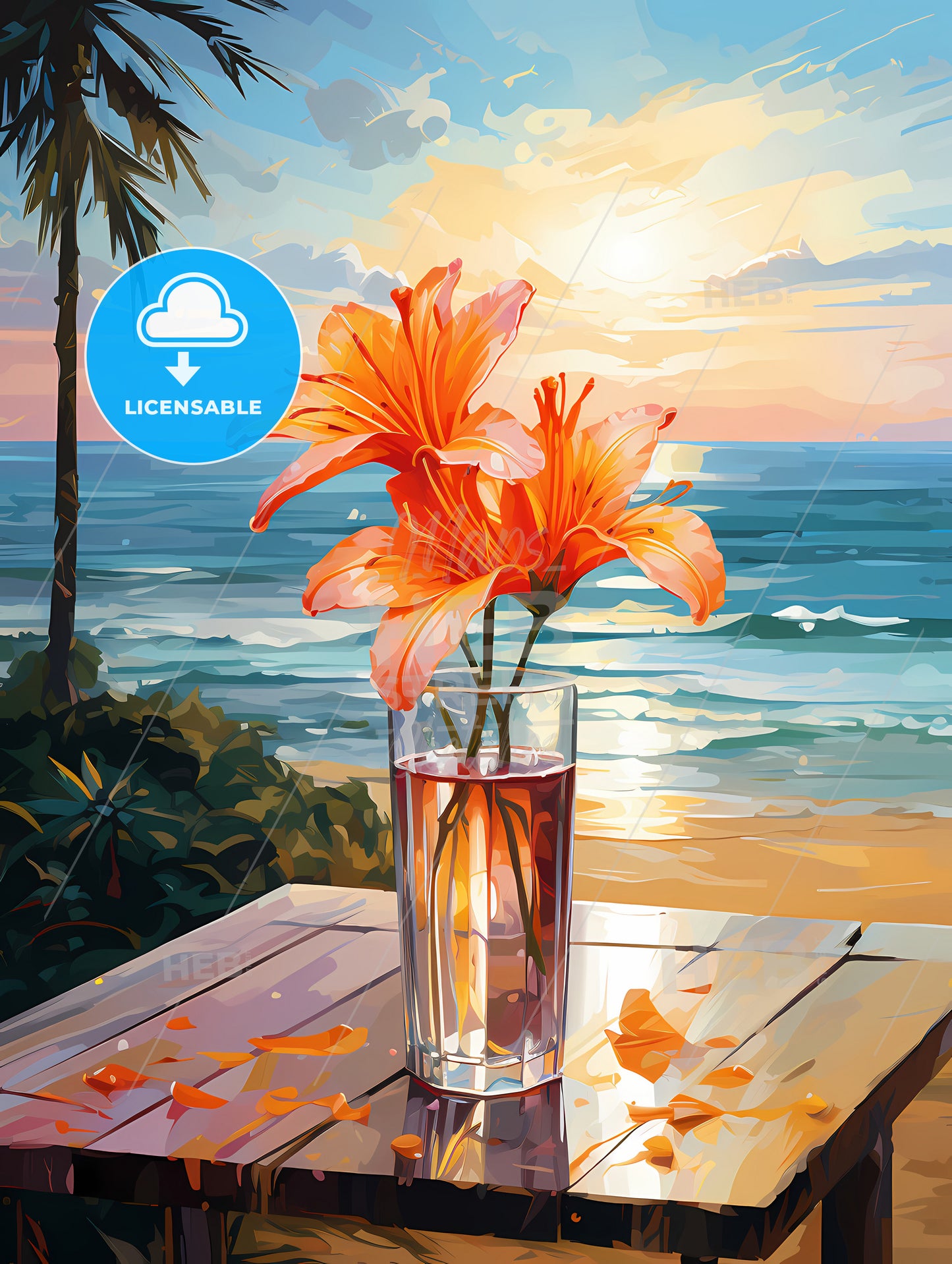 Glass of Cocktail with lily flower at the Beach