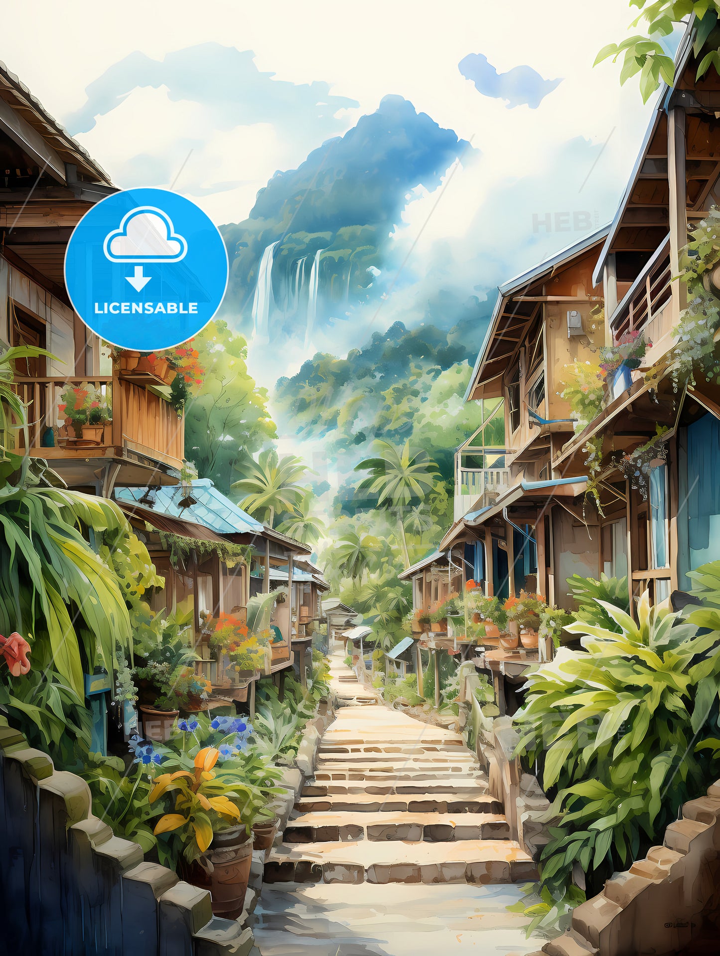 Malaysia village in watercolor painting