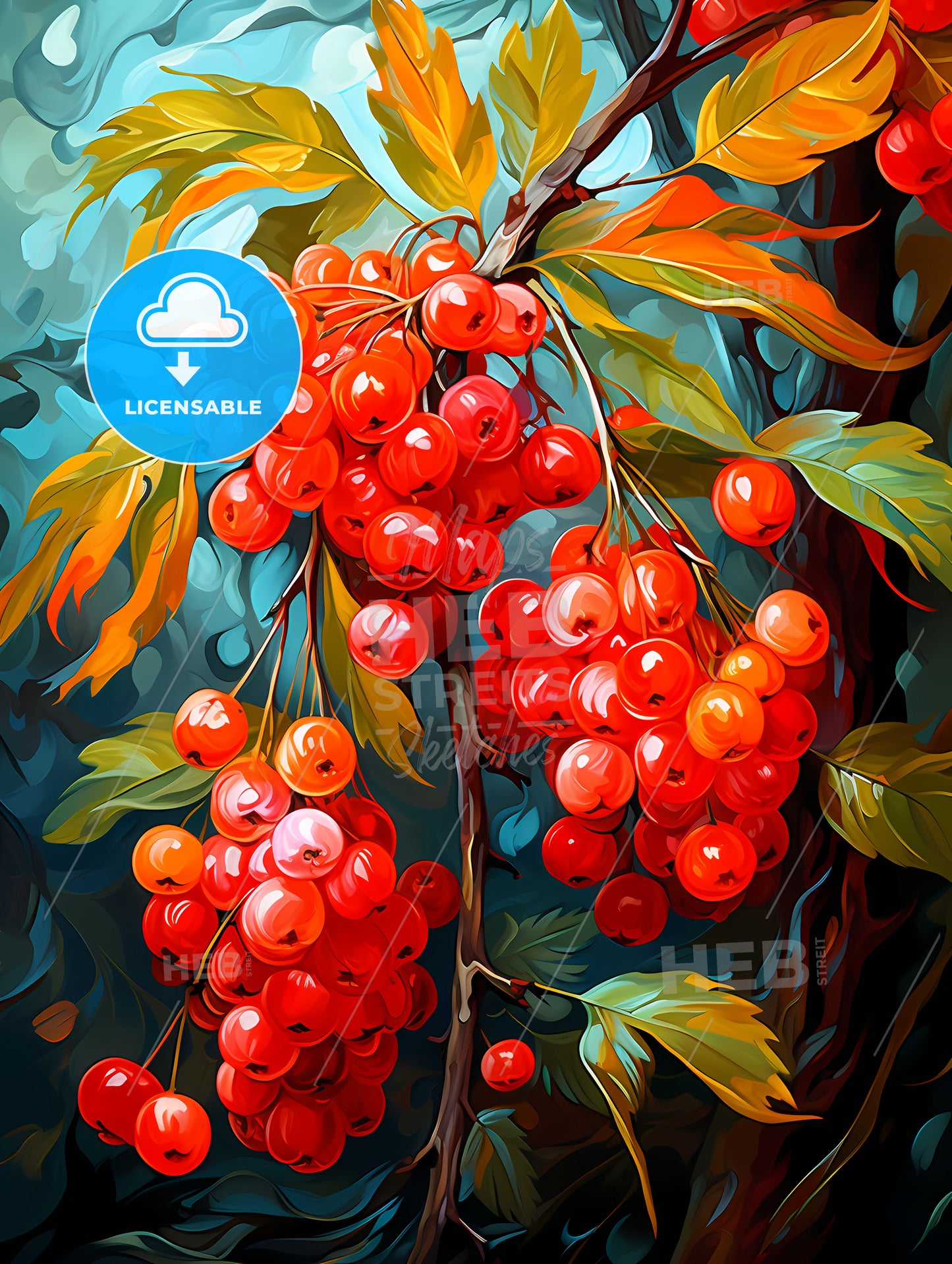 Rowan berries with leaves