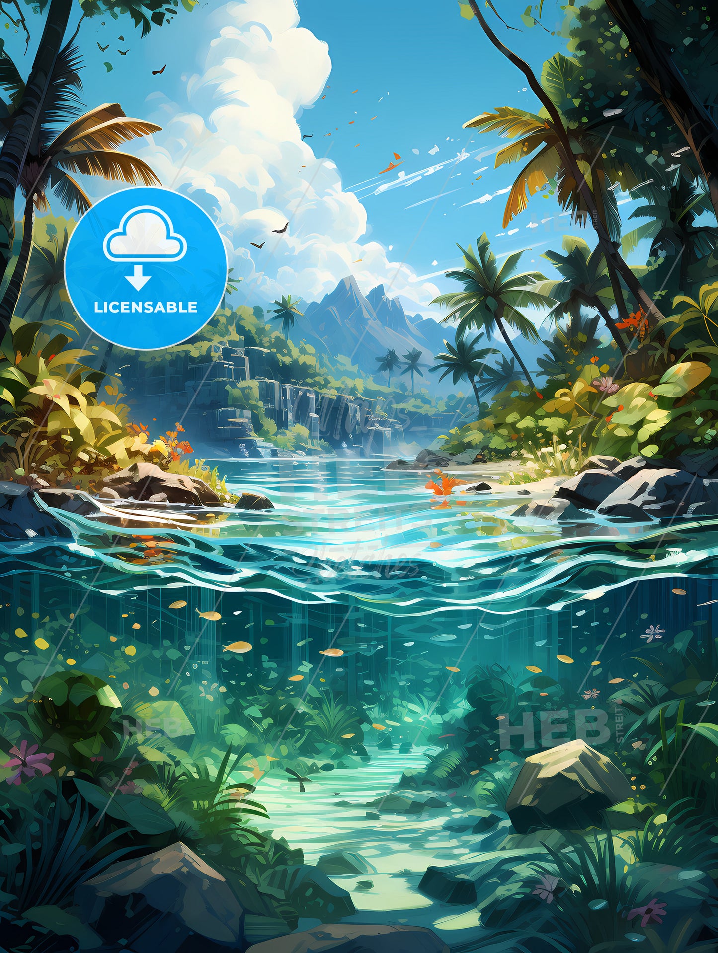 Split shot of tropical island