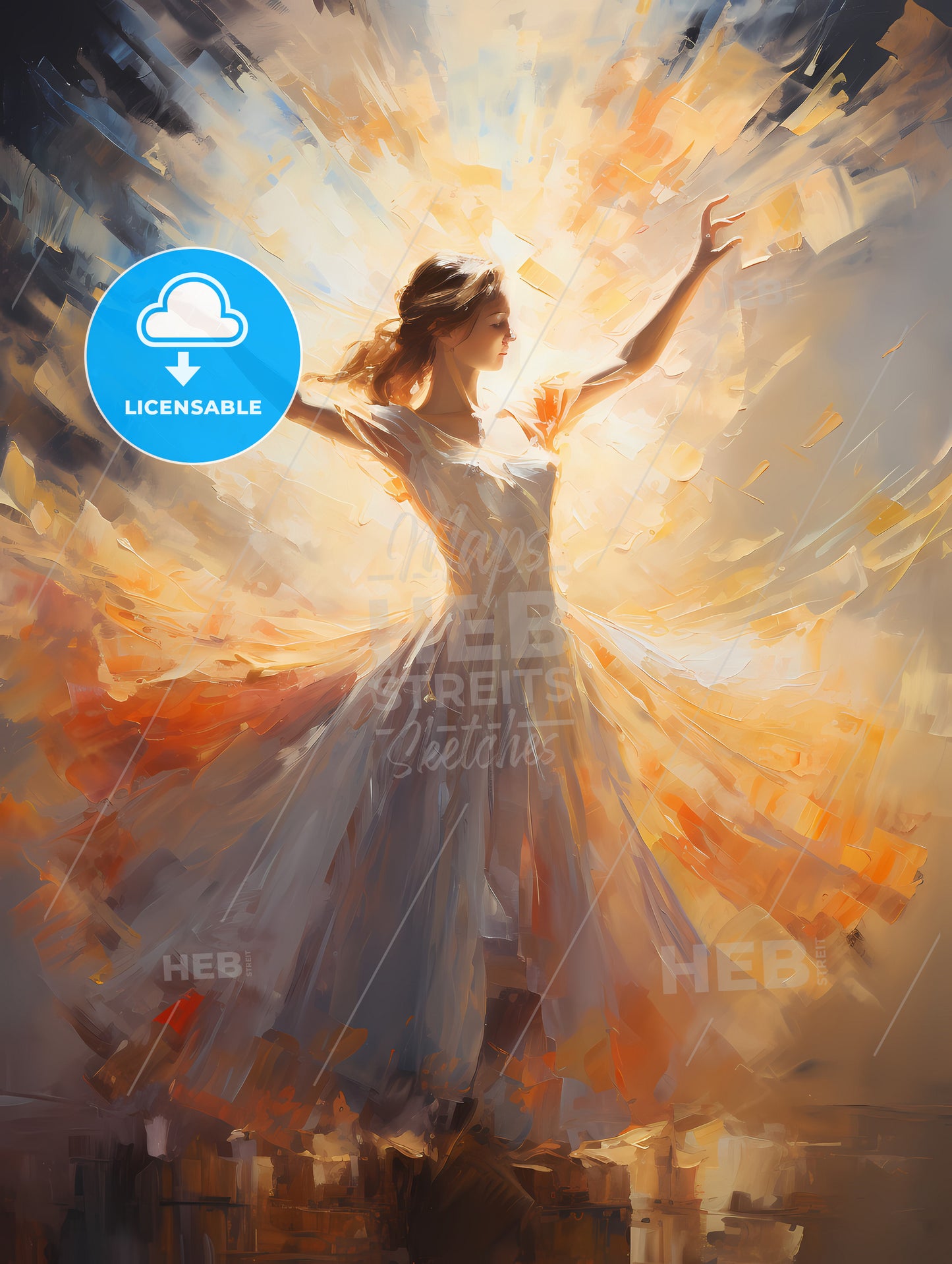 The ballerina soaring against the coming sun