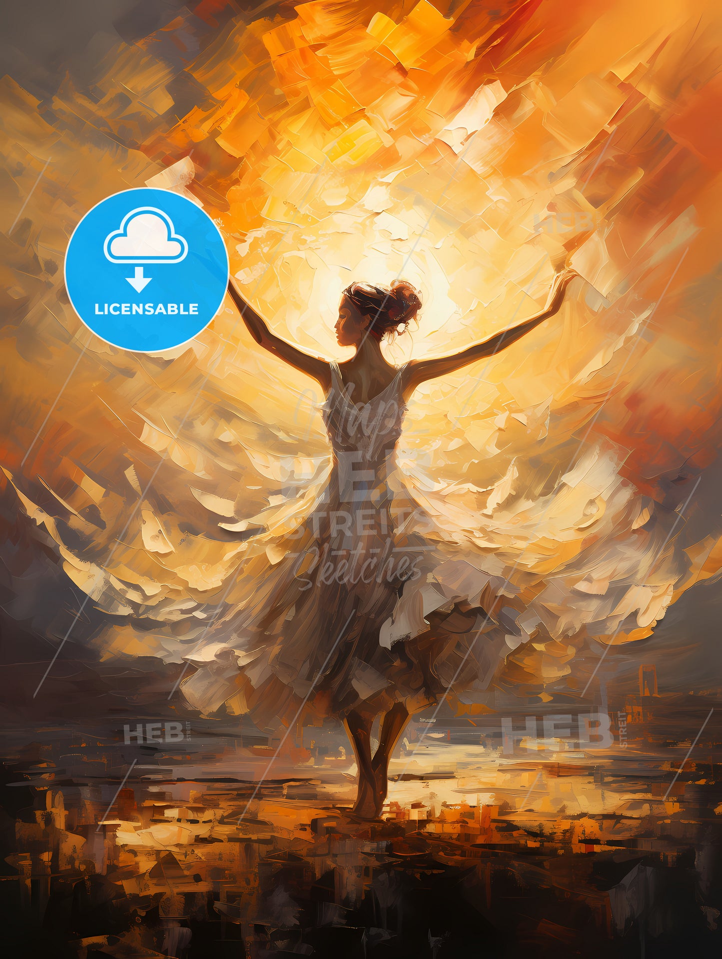 The ballerina soaring against the coming sun