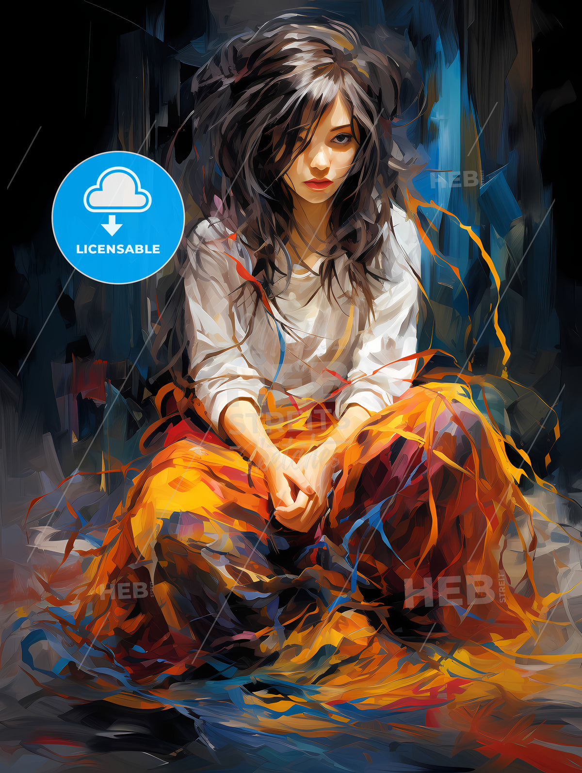 The girl sitting on a floor. Abstract Art