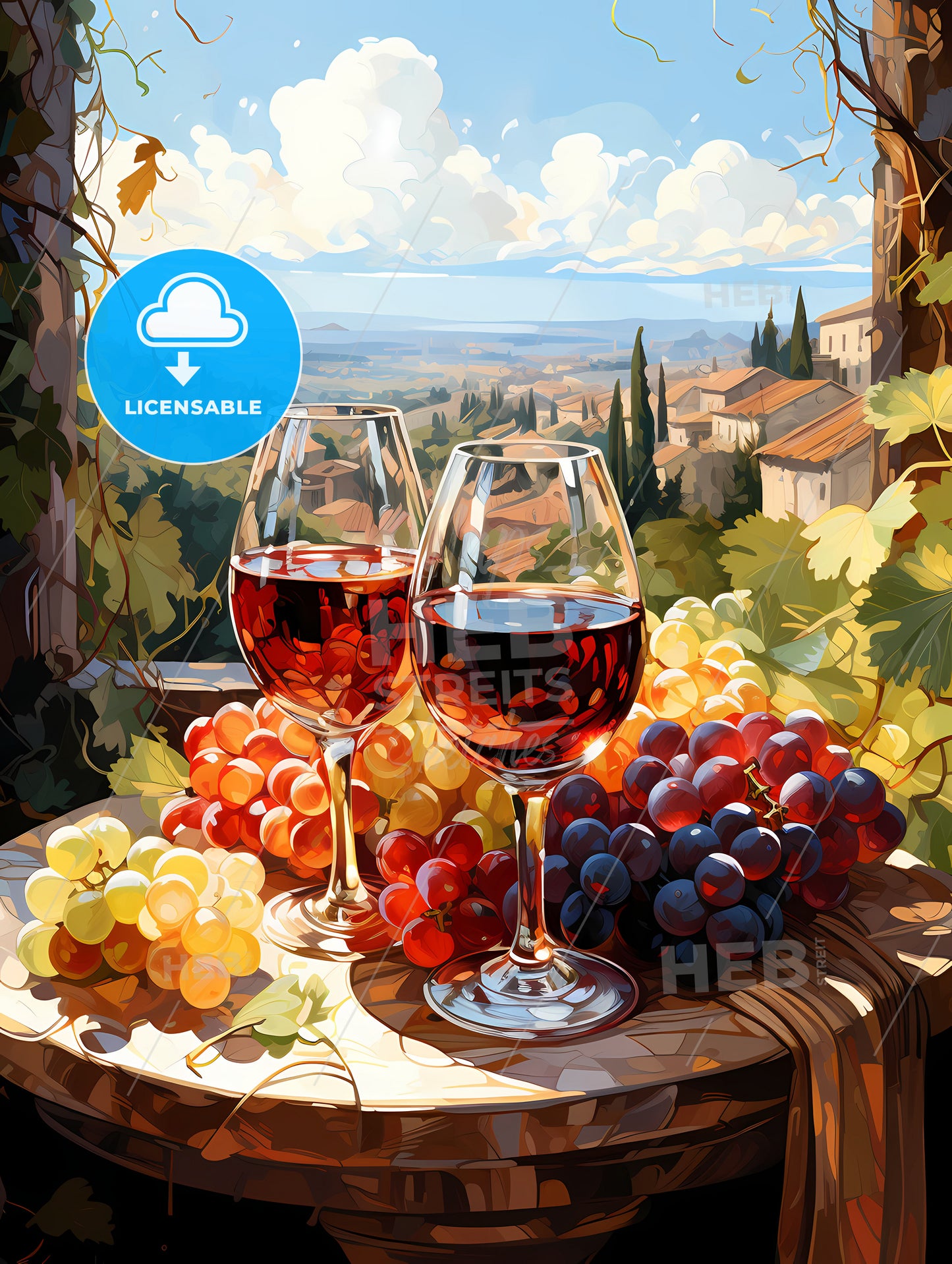 Vineyard with red and white wine