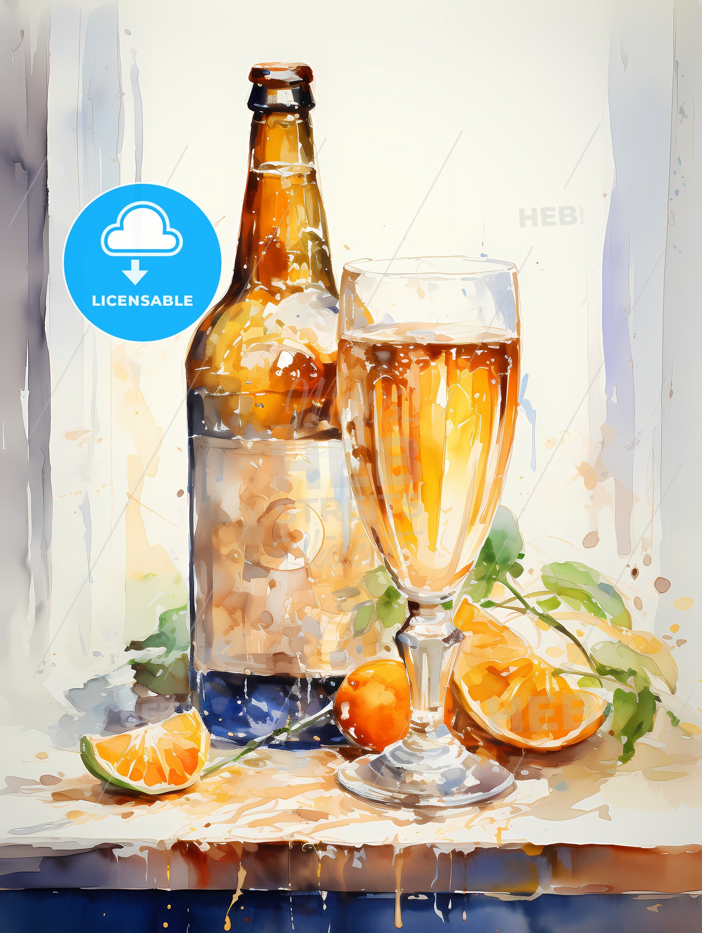 Watercolor beer glass and bottle