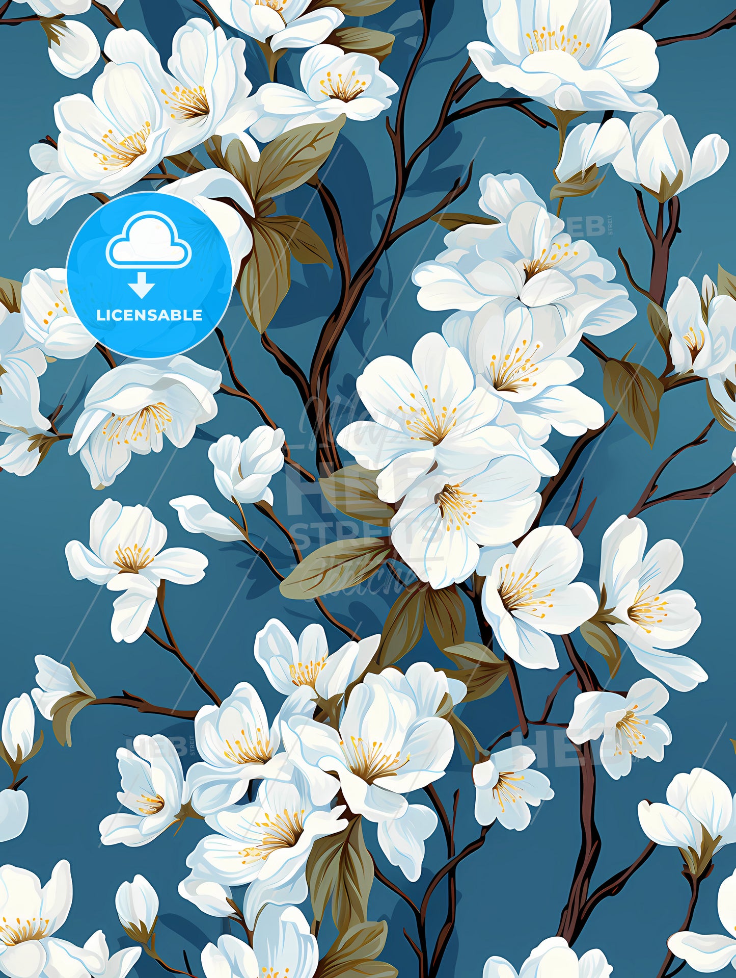 White flowers on blue background