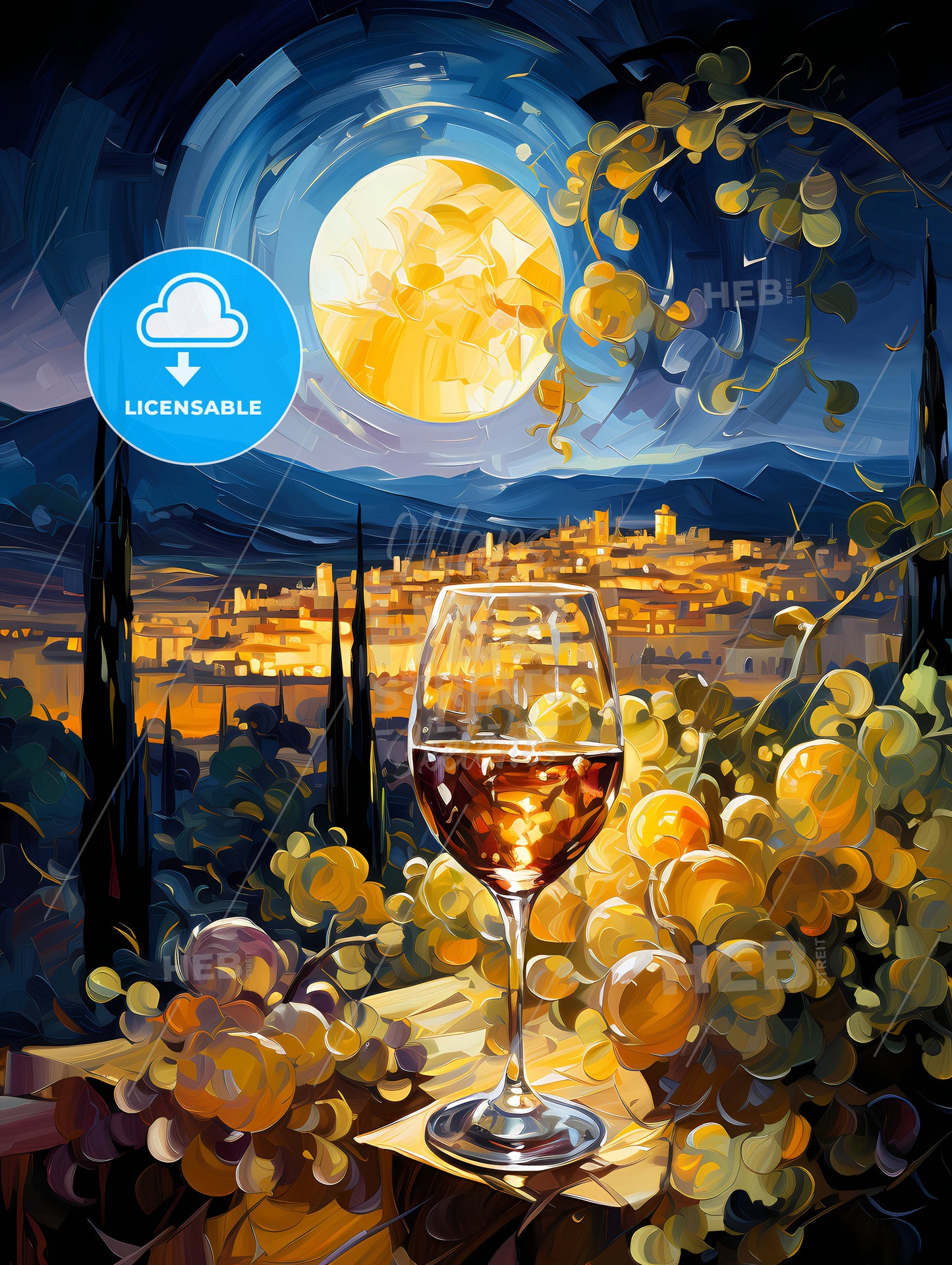 White wine on background of evening vineyard