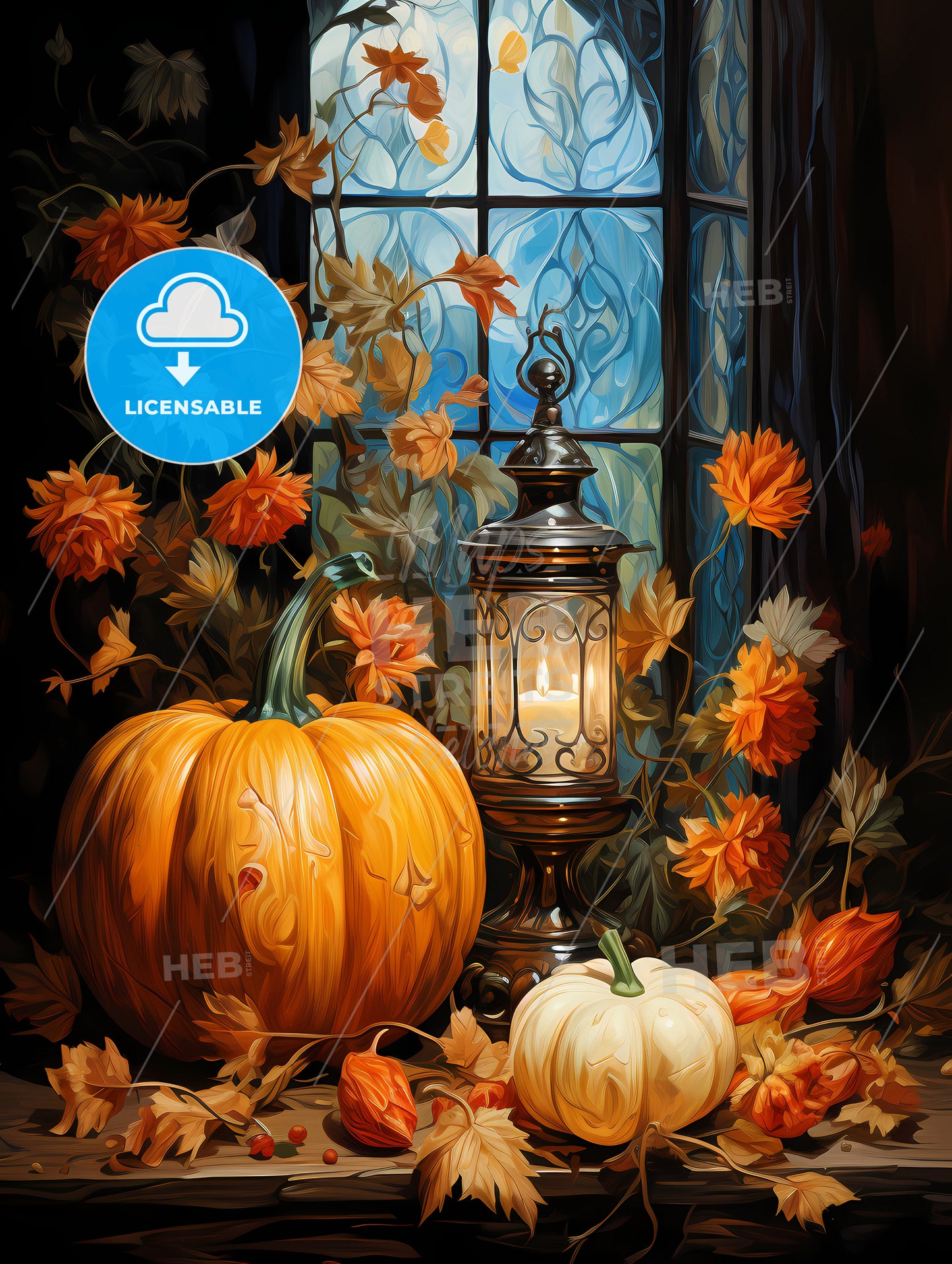 Halloween pumpkin lantern with autumn leaves