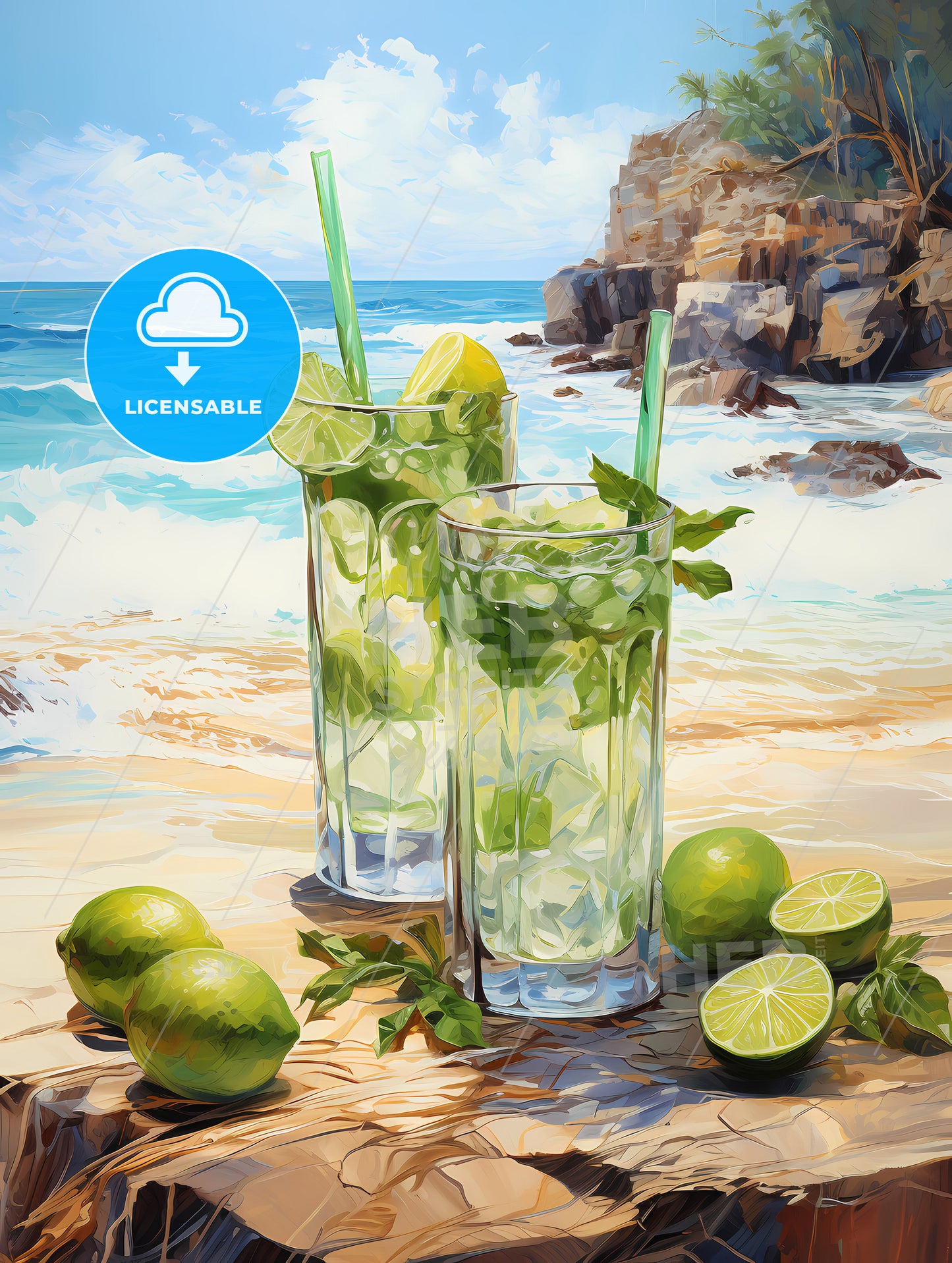 Mojito cocktail on beach sand and tropical seascape