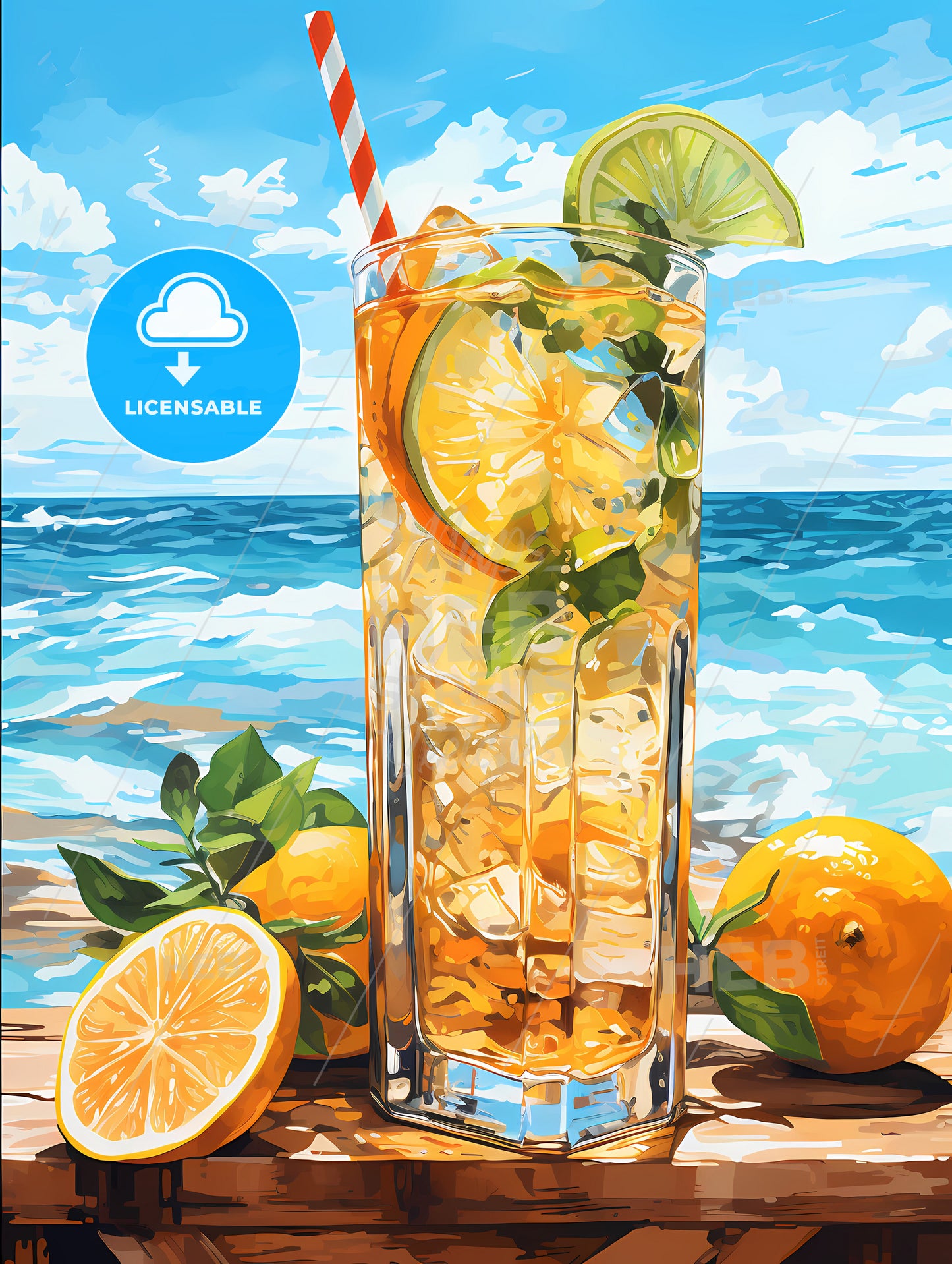 Mojito cocktail on beach sand and tropical seascape