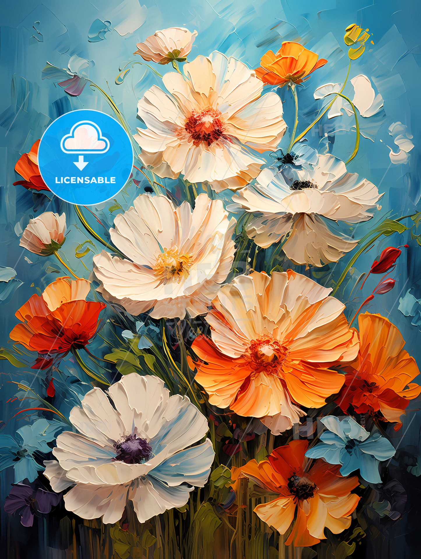 Oil painting poppy dandelion daisy flowers in fields