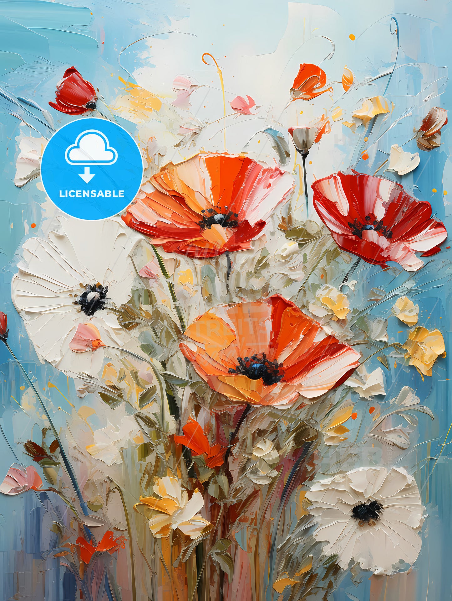 Oil painting poppy dandelion daisy flowers in fields