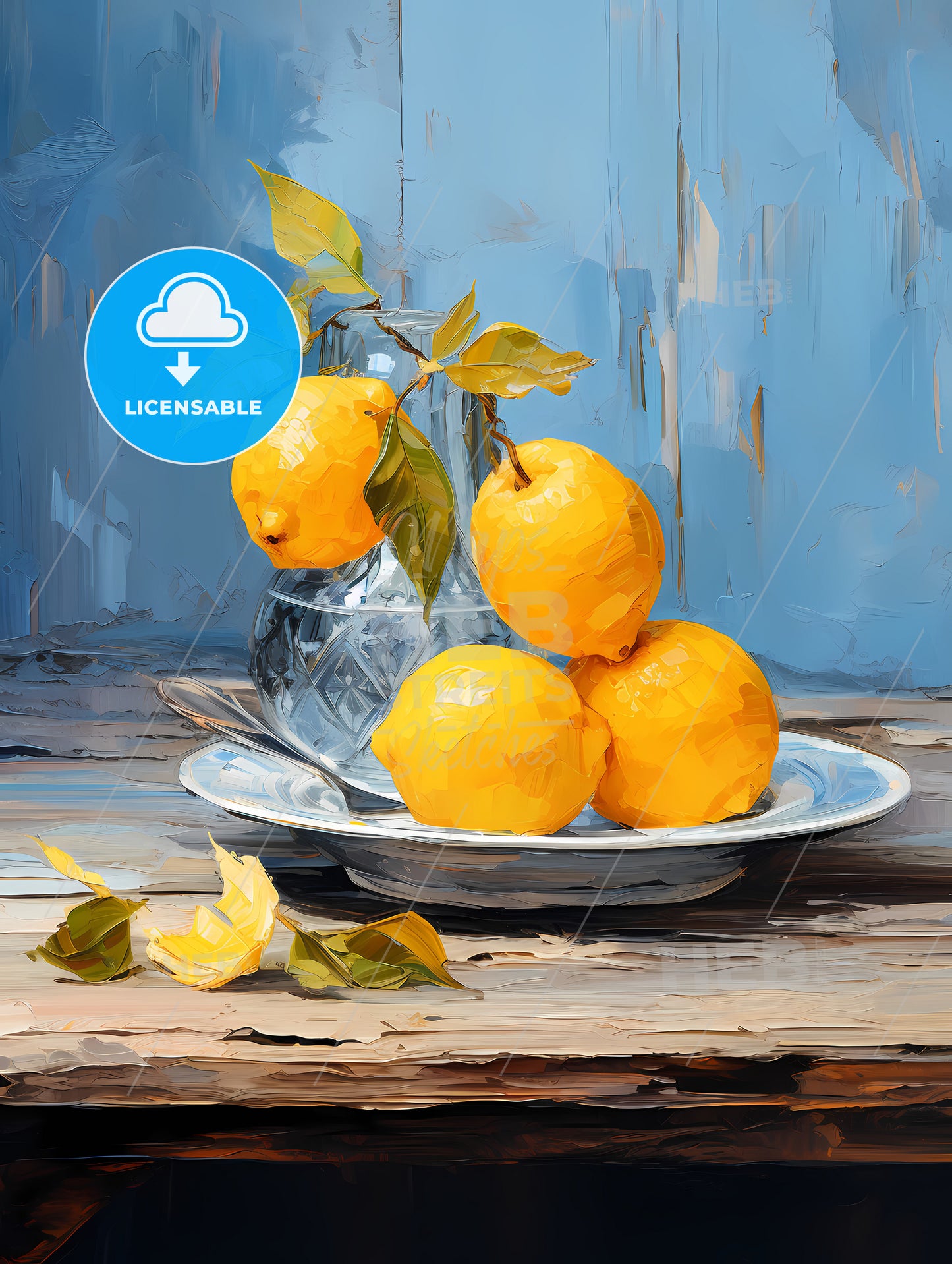 One yellow ripe quince on the blue plate