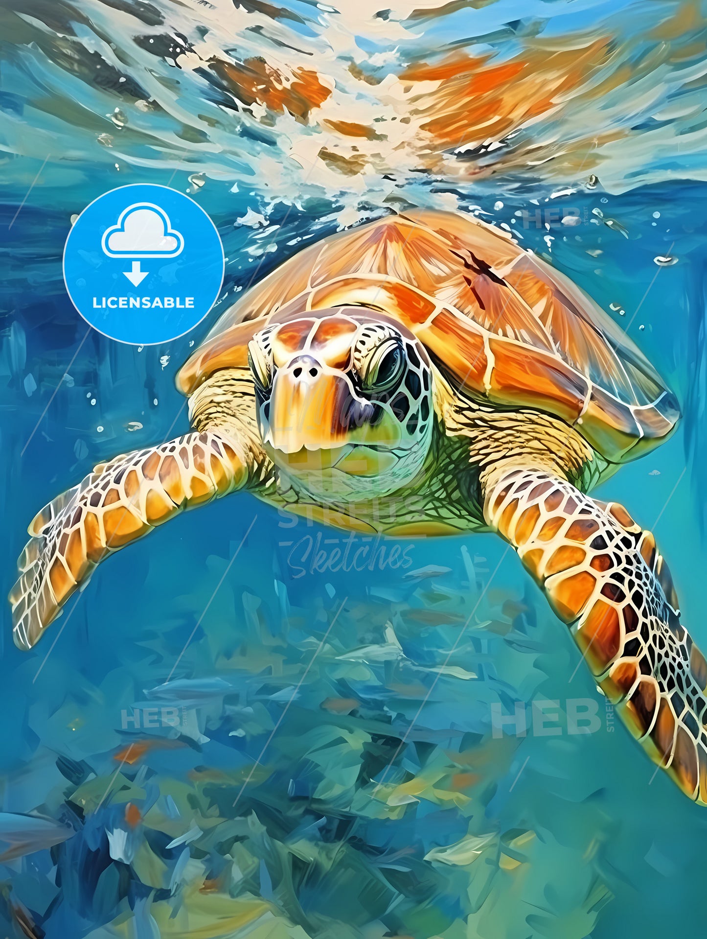 View of nice sea turtle flying down to the ocean