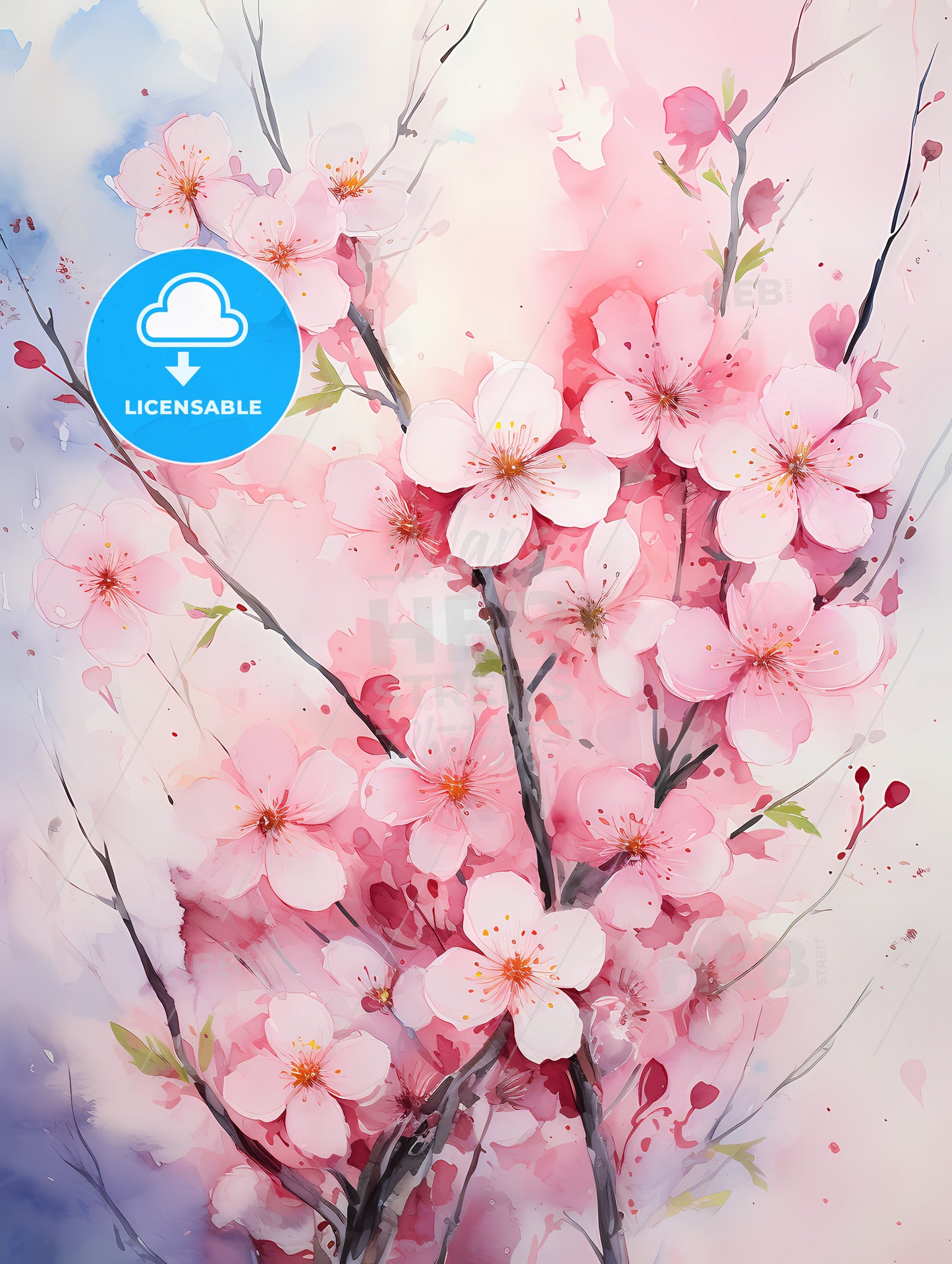 Watercolor pink blooming flowers for Valentines Day