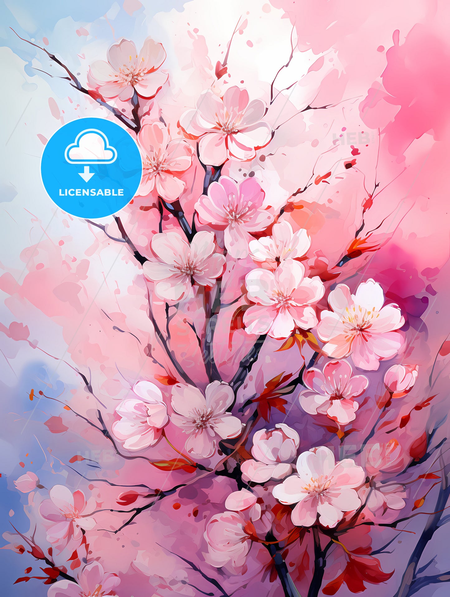 Watercolor pink blooming flowers for Valentines Day