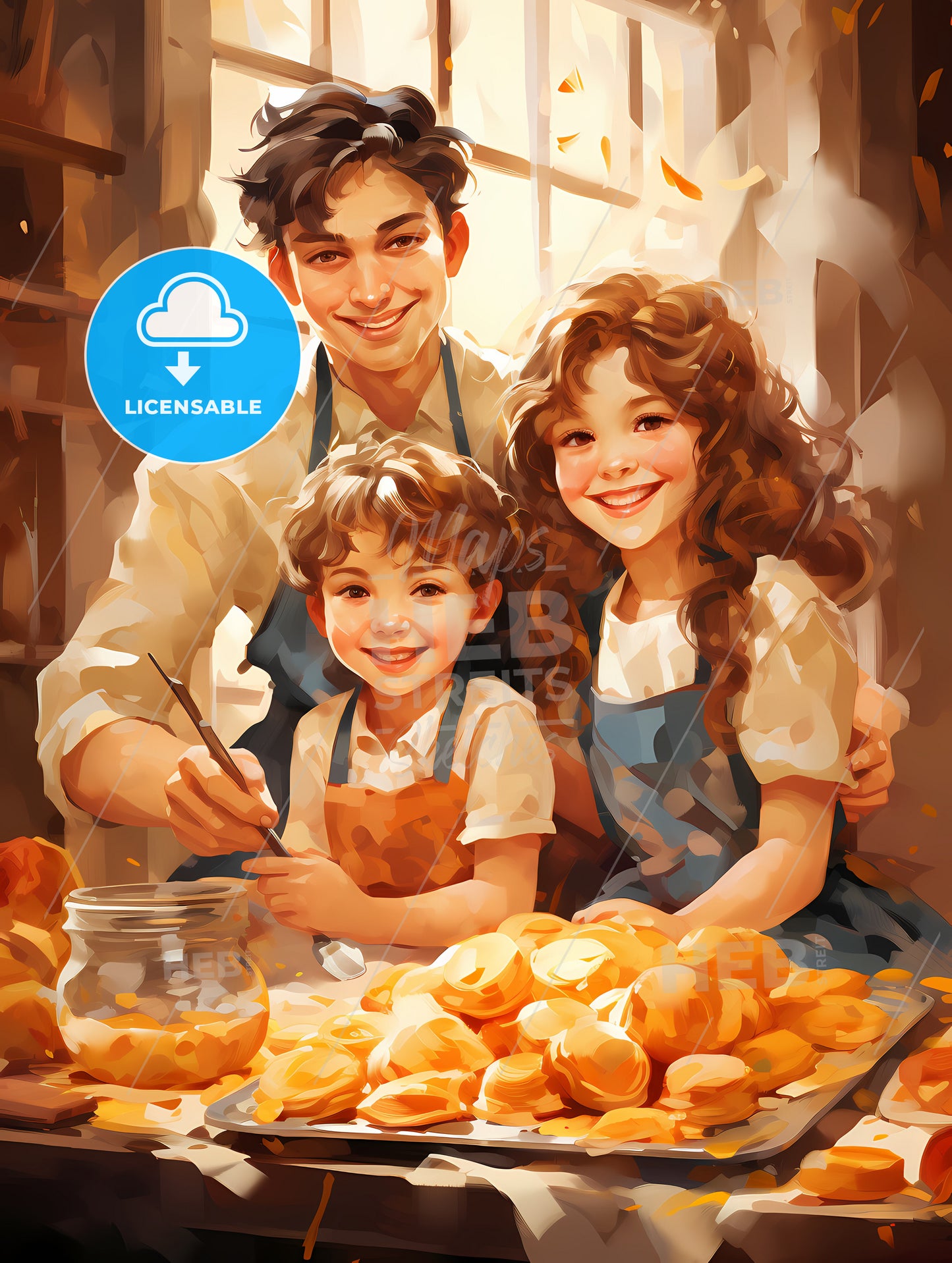 Happy family funny kids bake cookies in kitchen