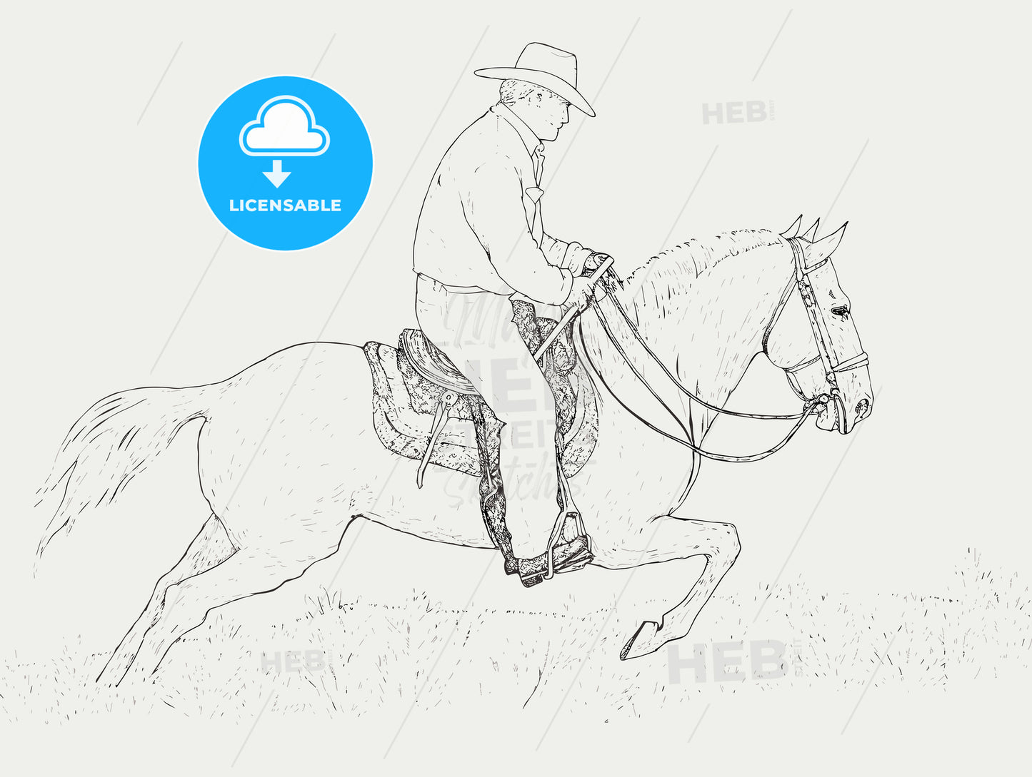 a cowboy riding a horse one color wood cut prin