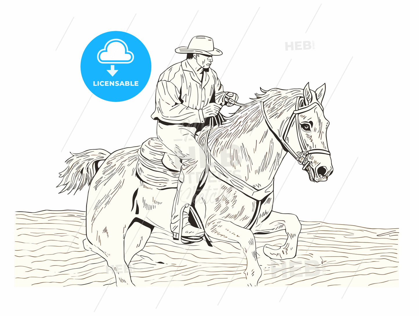 a cowboy riding a horse one color wood cut prin