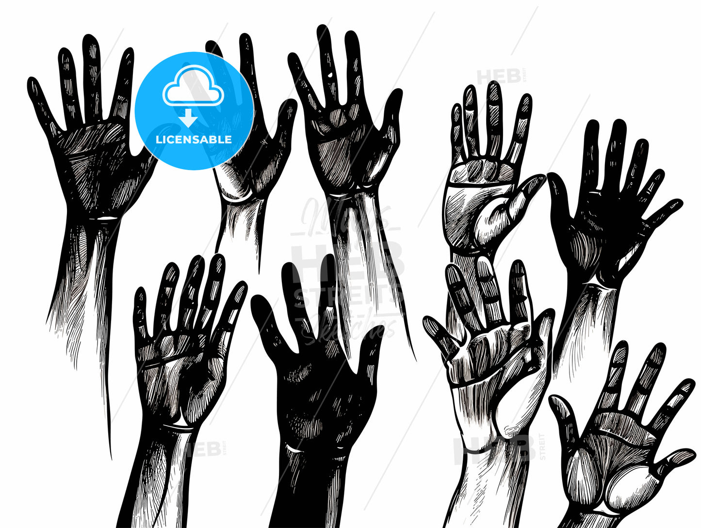 A vector drawing represents open hands design