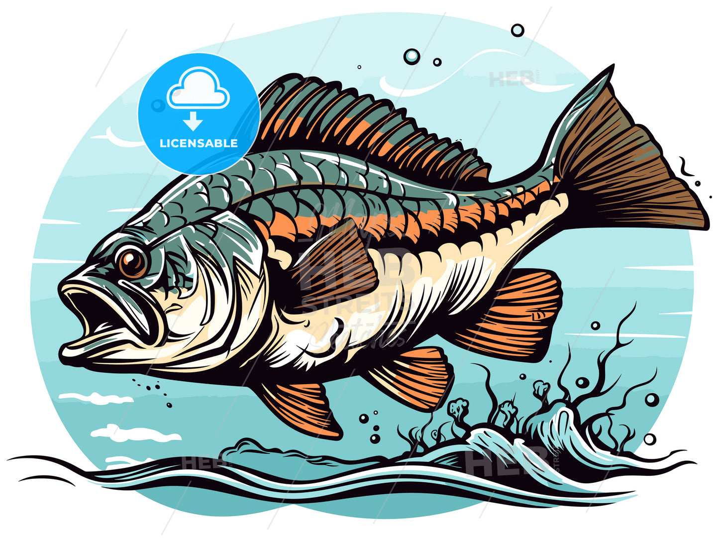 Catching Bass fish. Fish color. Vector fish.