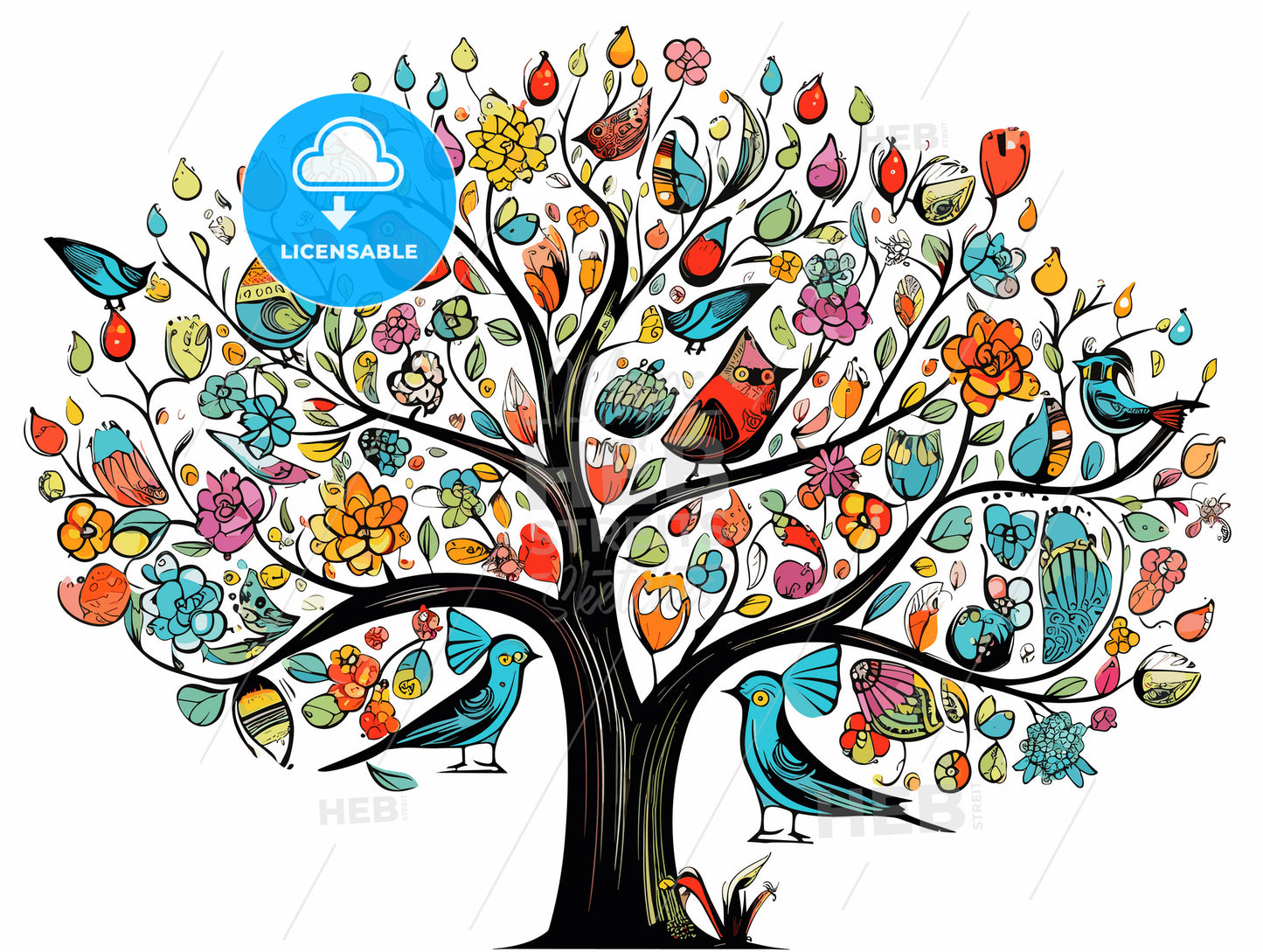 Colorful easter tree with eggs birds and flowers