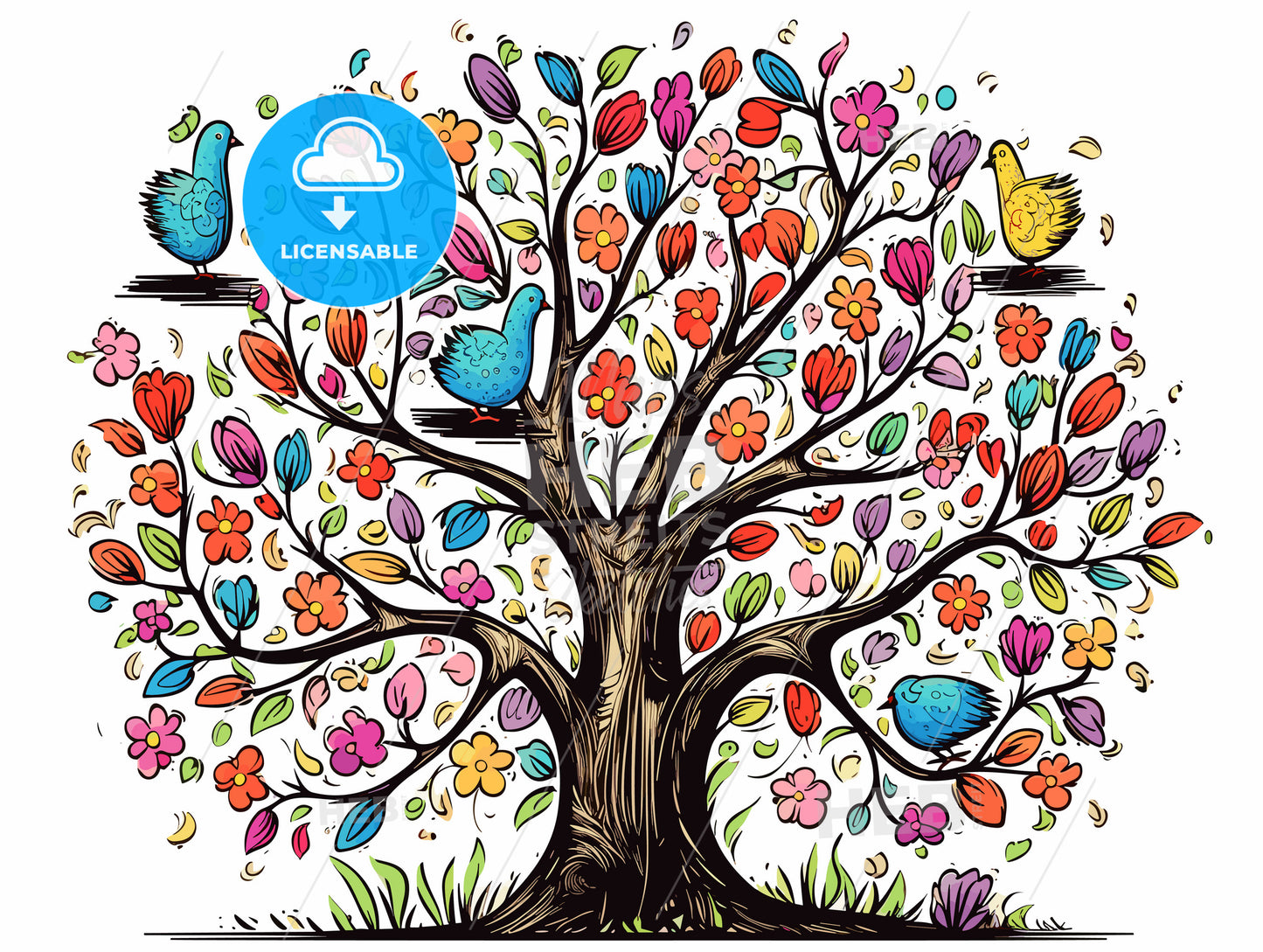Colorful easter tree with eggs birds and flowers